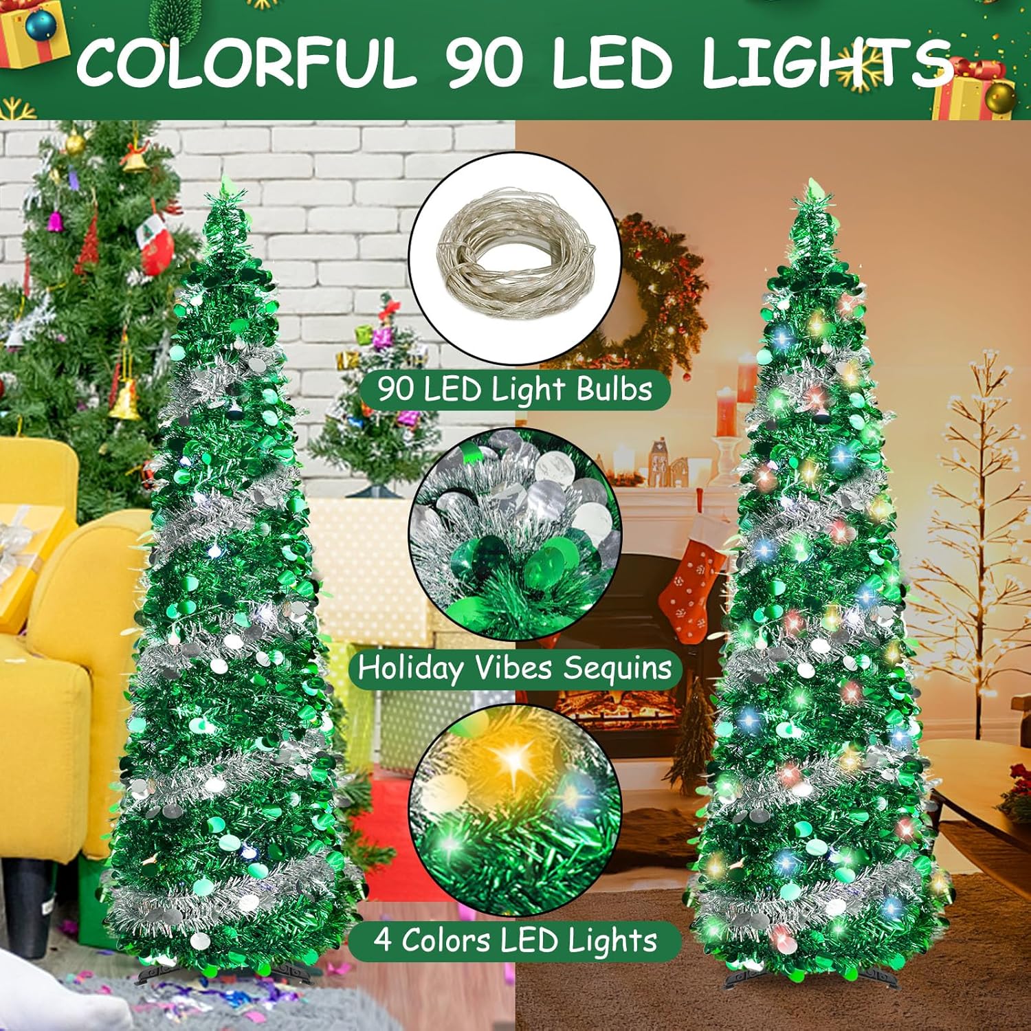Árbol de Navidad desplegable de 5 pies con 8 modos, 90 decoraciones coloridas de Navidad, árbol de Navidad plegable para interiores y hogar,