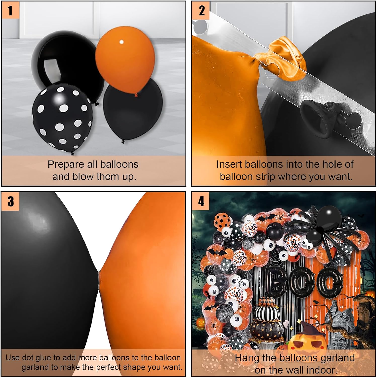 116 globos de fiesta de Halloween, kit de guirnalda de arco de globos de Halloween, globos de confeti negro naranja, cortina de flecos de aluminio
