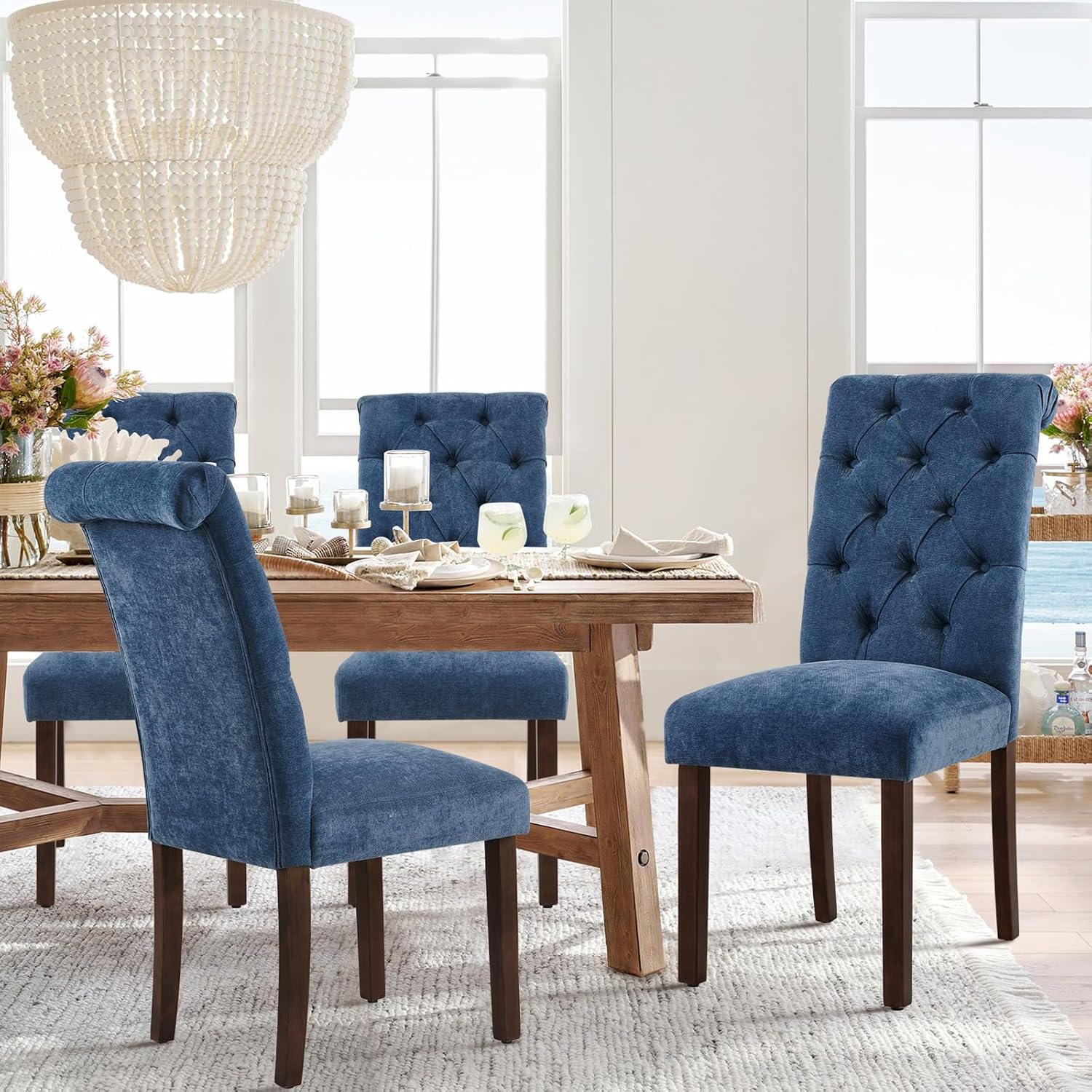 COLAMY Juego de 2 sillas de comedor copetudas, sillas de comedor Parsons tapizadas de tela, sillas auxiliares elegantes con patas de madera maciza y