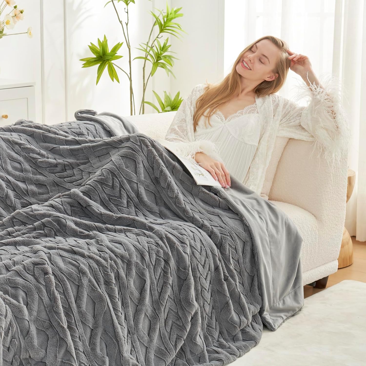 Cozy Bliss Manta de piel sintética para sofá, manta de invierno suave y gruesa para sofá, cama, sala de estar, dormitorio, 50 x 60 pulgadas, gris