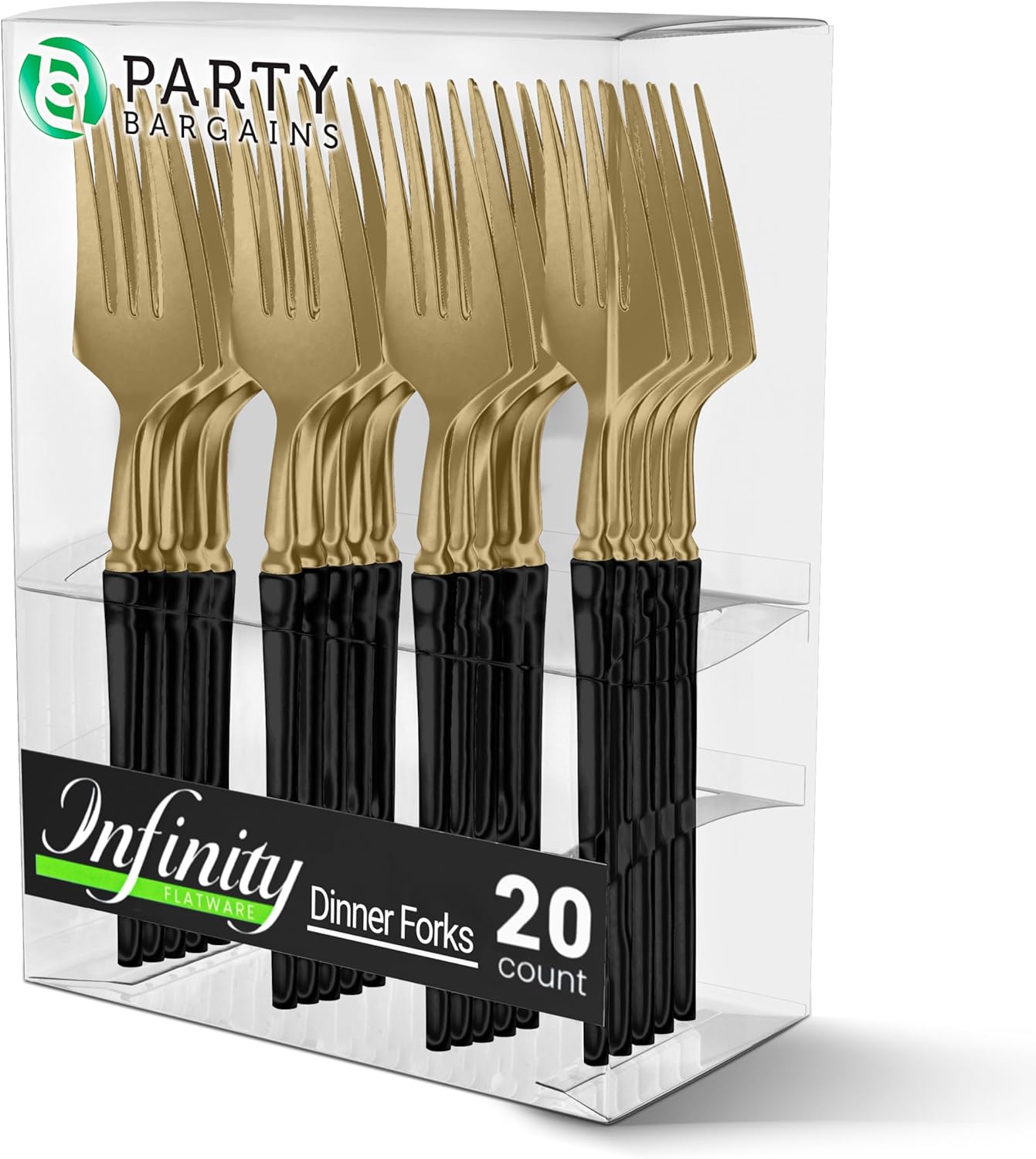 Party Bargains Tenedores desechables de plástico para cena, 20 unidades, negro y dorado, cubiertos de cocina de diseño moderno infinito, perfectos