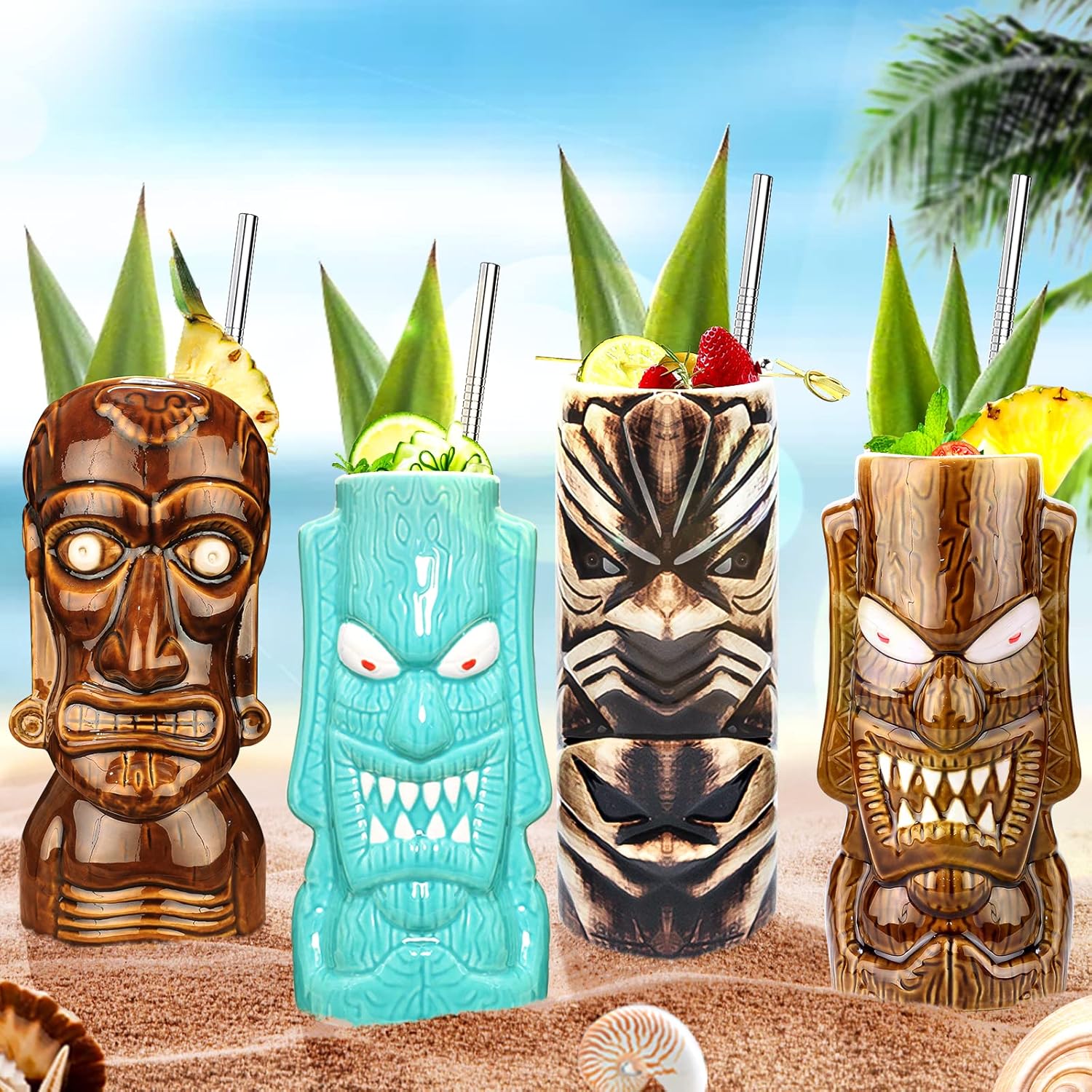 Tiki – Juego de 4 tazas de cerámica para fiestas Tiki para cócteles, decoración de bar, juego de tazas grandes hawaianas tropicales para beber