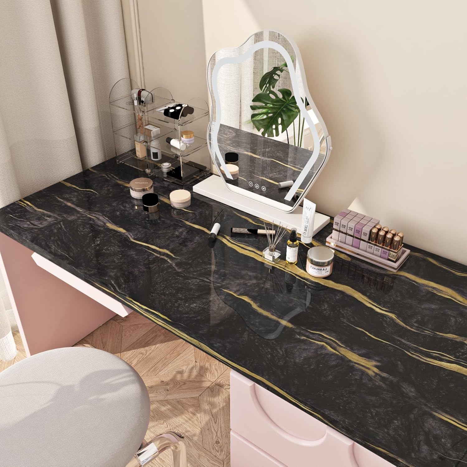 FunStick Papel adhesivo de mármol líquido negro para encimeras, papel tapiz impermeable de mármol negro y dorado, papel de encimera para cocina,