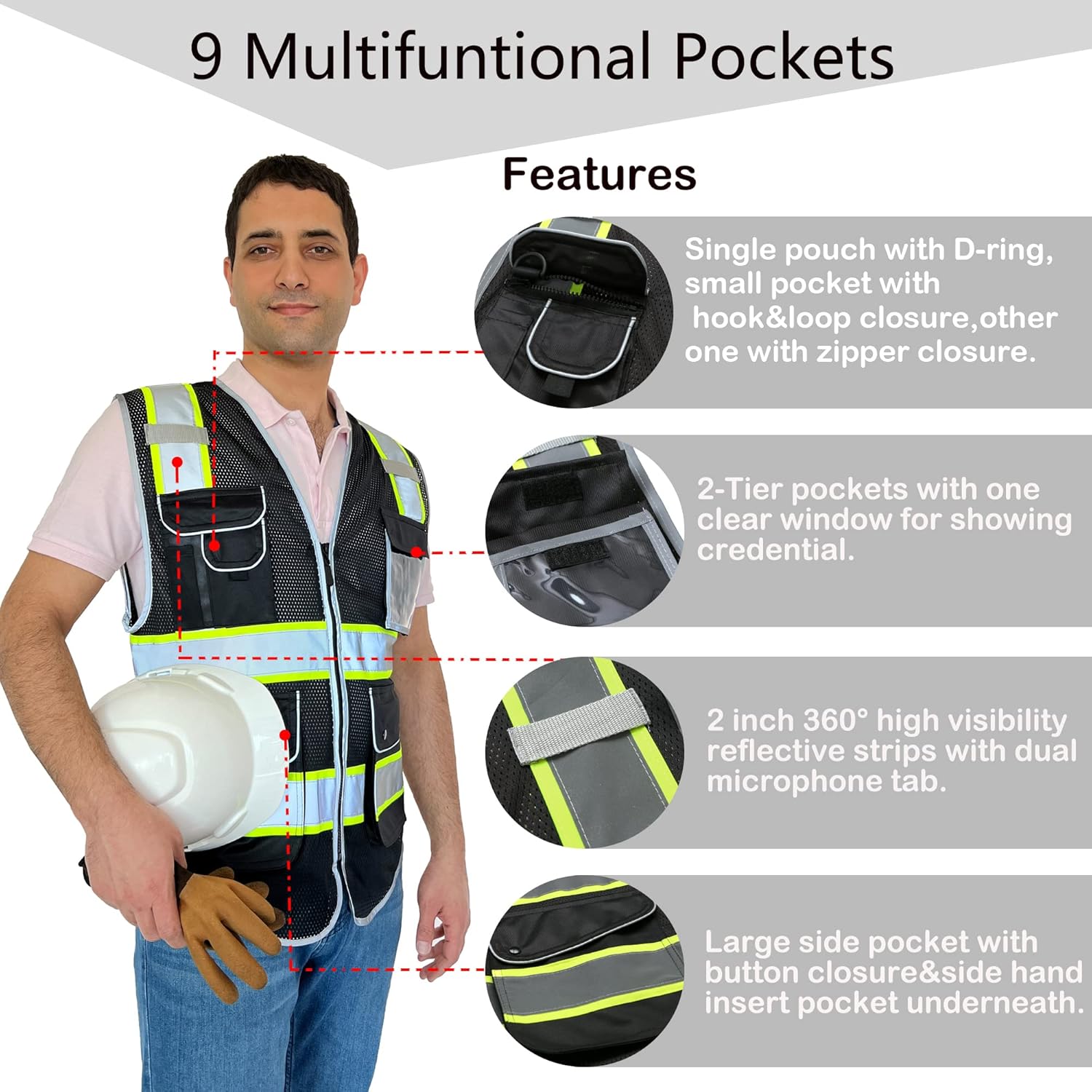 Ekkosafety Chaleco de seguridad de malla reflectante de alta visibilidad para hombres y mujeres, con 9 bolsillos y cremallera frontal, ropa de