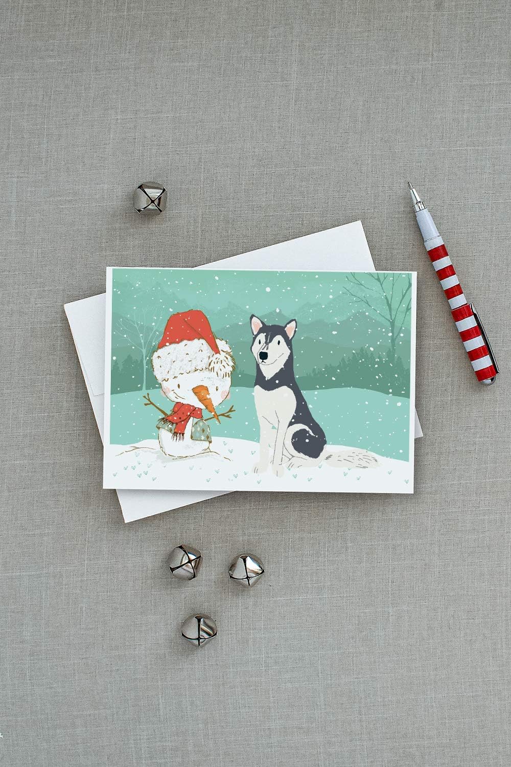 Caroline’s Treasures CK2046GCA7P Tarjetas de felicitación y sobres de Navidad de Husky Siberian Snowman Paquete de 8 tarjetas en blanco con sobres,