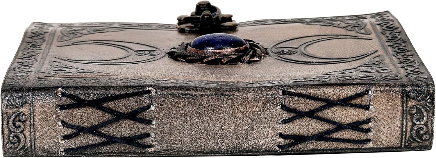 AzureGreen – 3 Moon Black Lapiz Journal – Gemstone Studded Handmade Vintage Writing Notebook, Unlined (Vintage Off-white, 3 Moon Plain Paper)