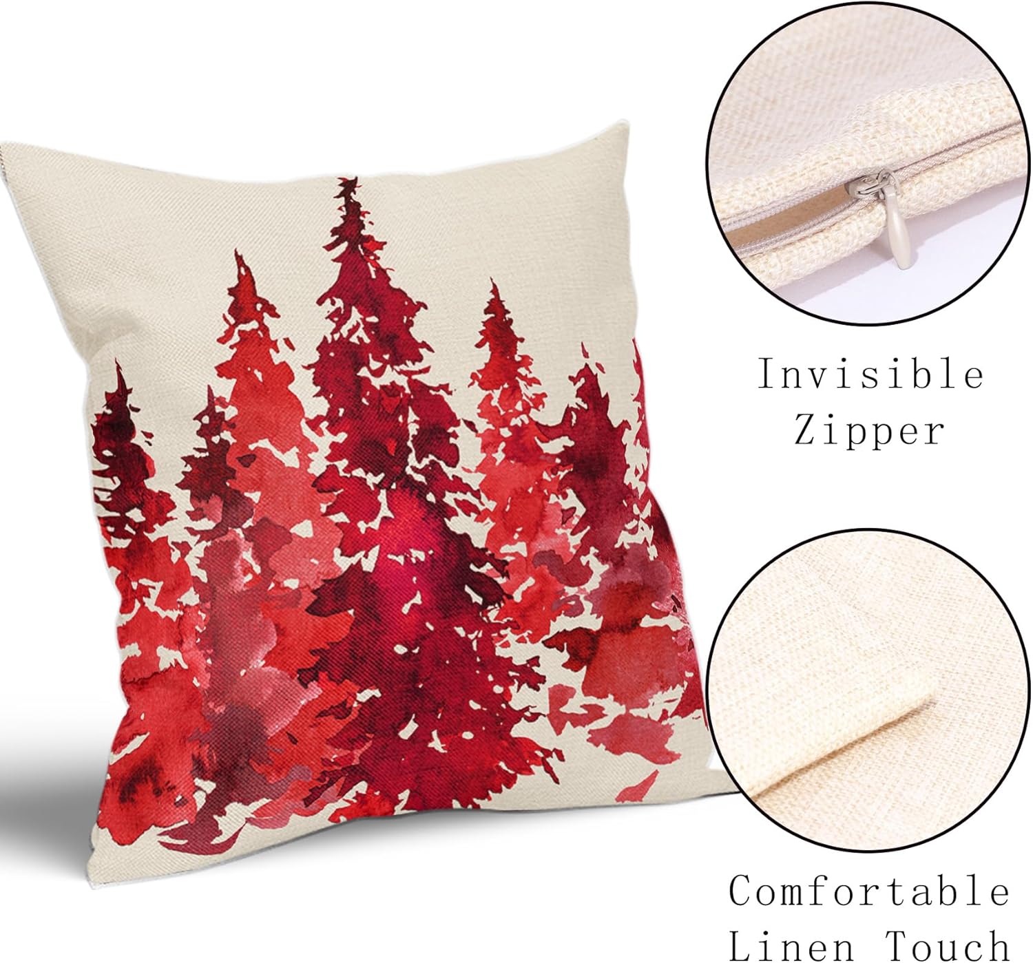 Juego de 2 fundas de almohada de árbol rojo acuarela de 18 x 18 pulgadas, fundas de almohada decorativas de Navidad con temática de naturaleza,