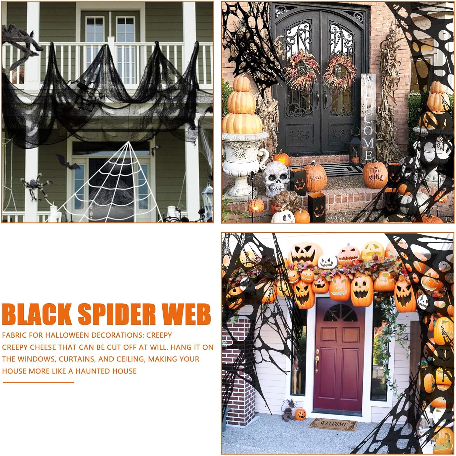 Tela espeluznante de Halloween de 197 x 85 pulgadas, paño de tela espeluznante negro para decoración de interiores y exteriores, gasa aterradora