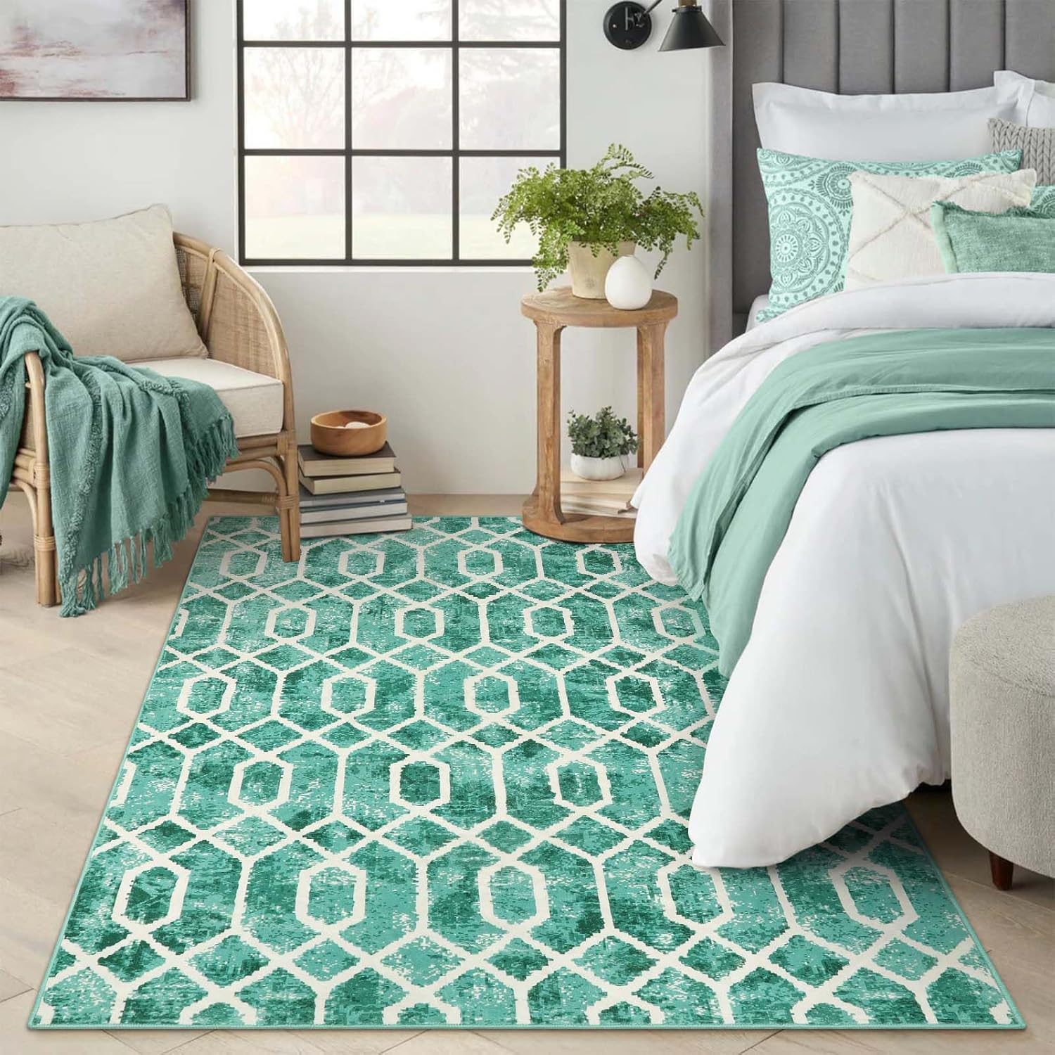 Lahome Alfombra de área lavable para dormitorio, alfombra verde para sala de estar, alfombra de 4 x 6 pies con enrejado geométrico, contemporánea,