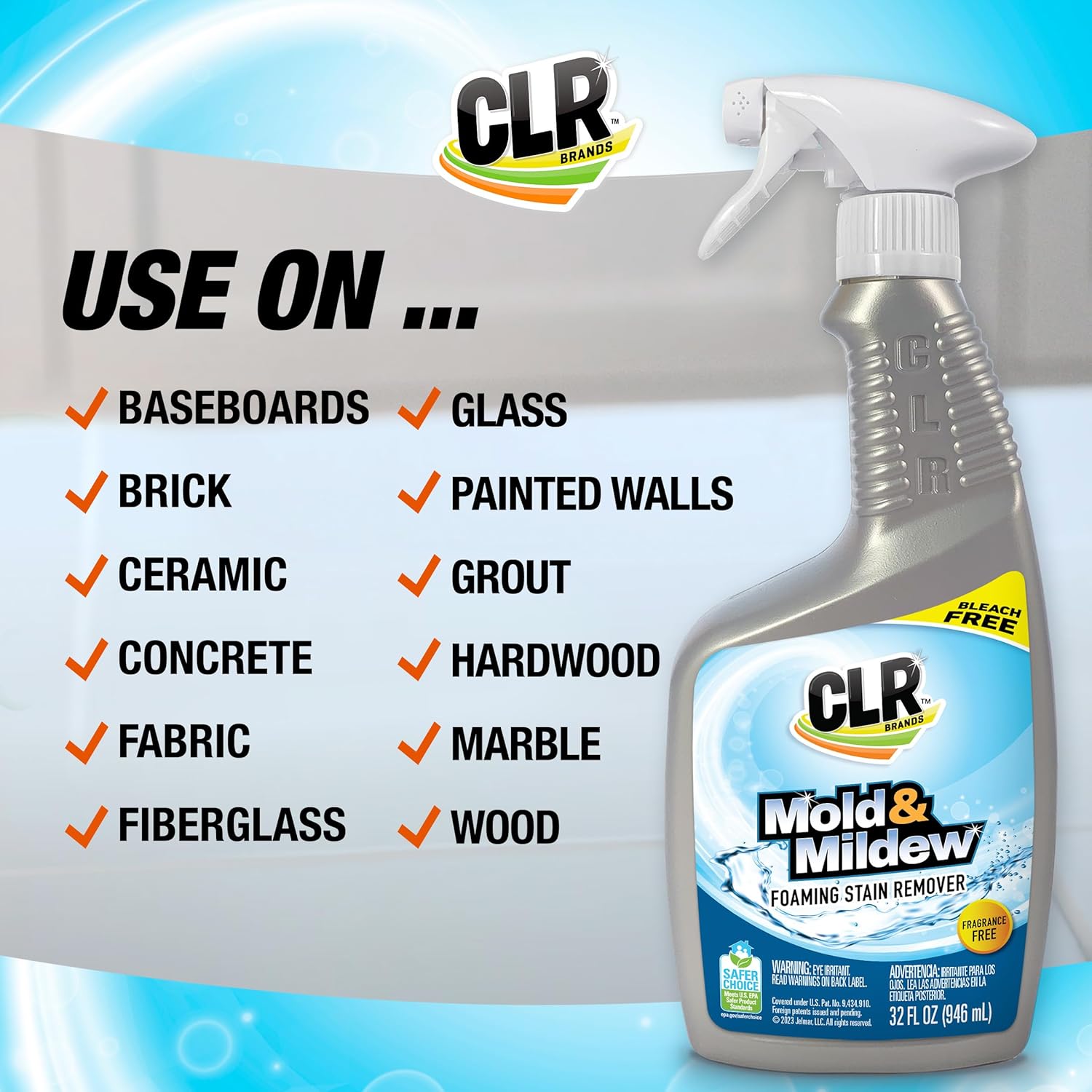 CLR Mold & Mildew Clear – Spray removedor de manchas sin blanqueador, funciona en azulejos de baño, vidrio, tela, hormigón y más, spray de 32 onzas