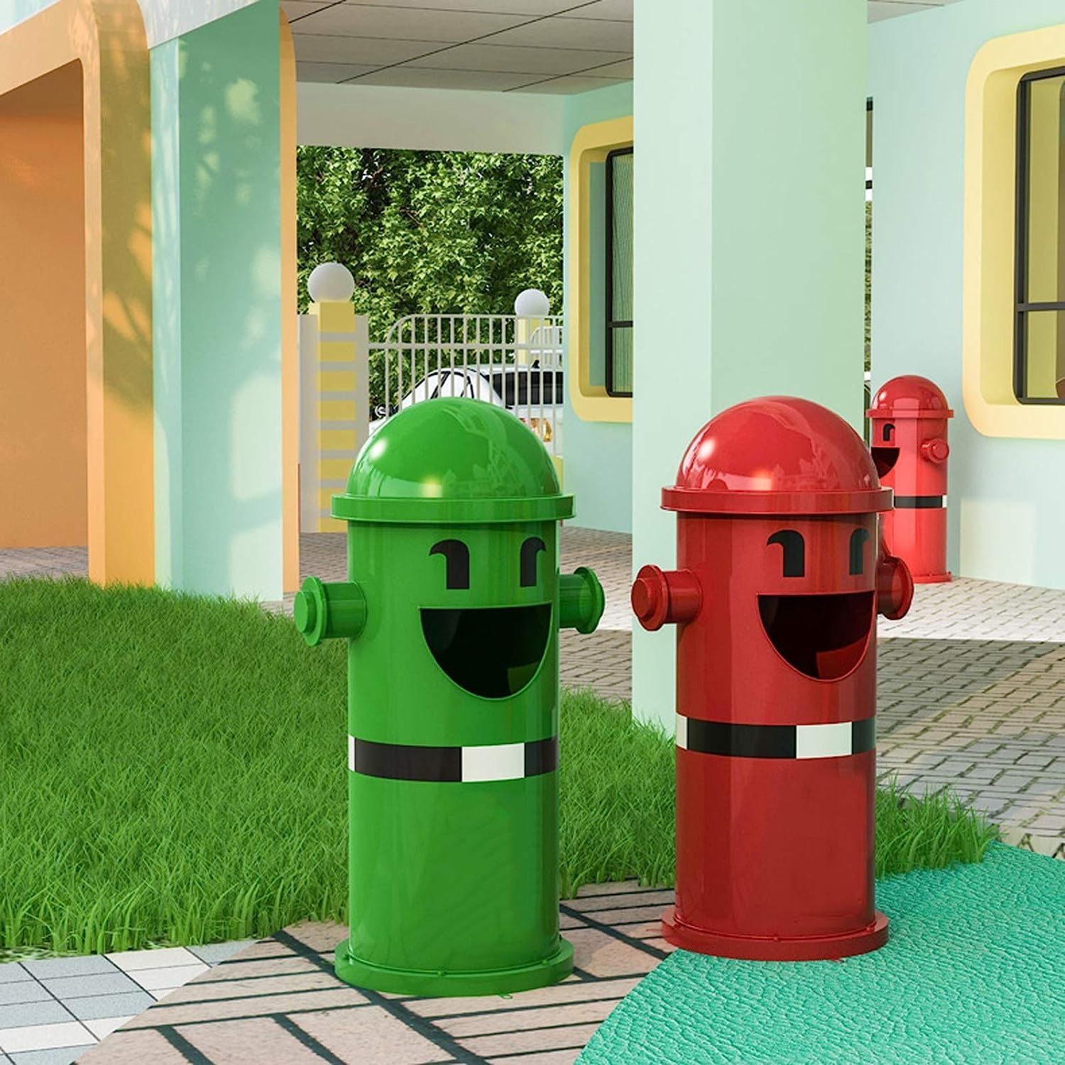 TISTIK Bote de basura Outdoor Sorting Trash Can Wrought Iron Long Cylindrical Waste Bin Recessed Panel Commercial Garbage Can 6 Colors Cartoon Fire