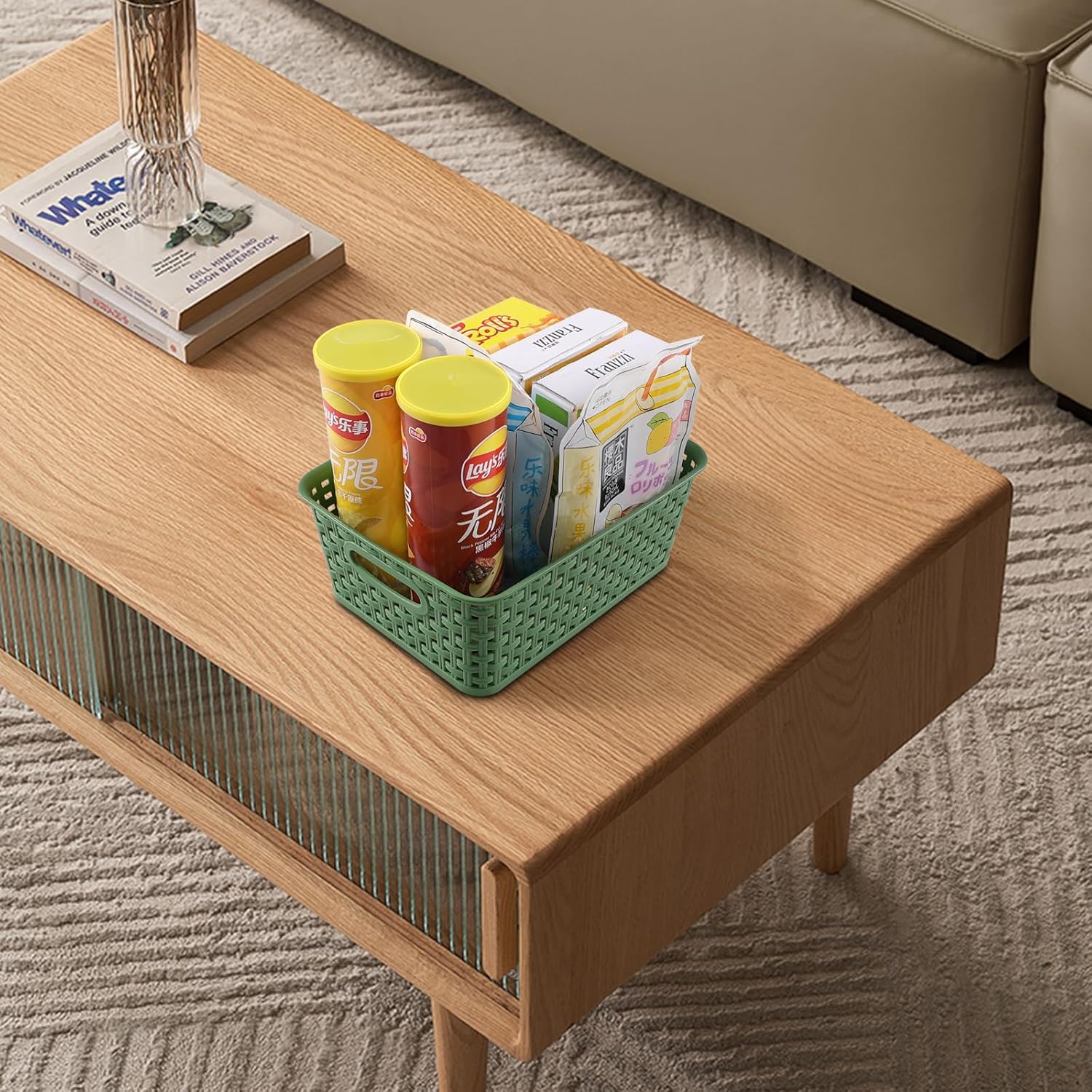 Sadstory – Cesta de almacenamiento tejida de plástico verde oscuro, cesta de plástico para estantes, 6 paquetes