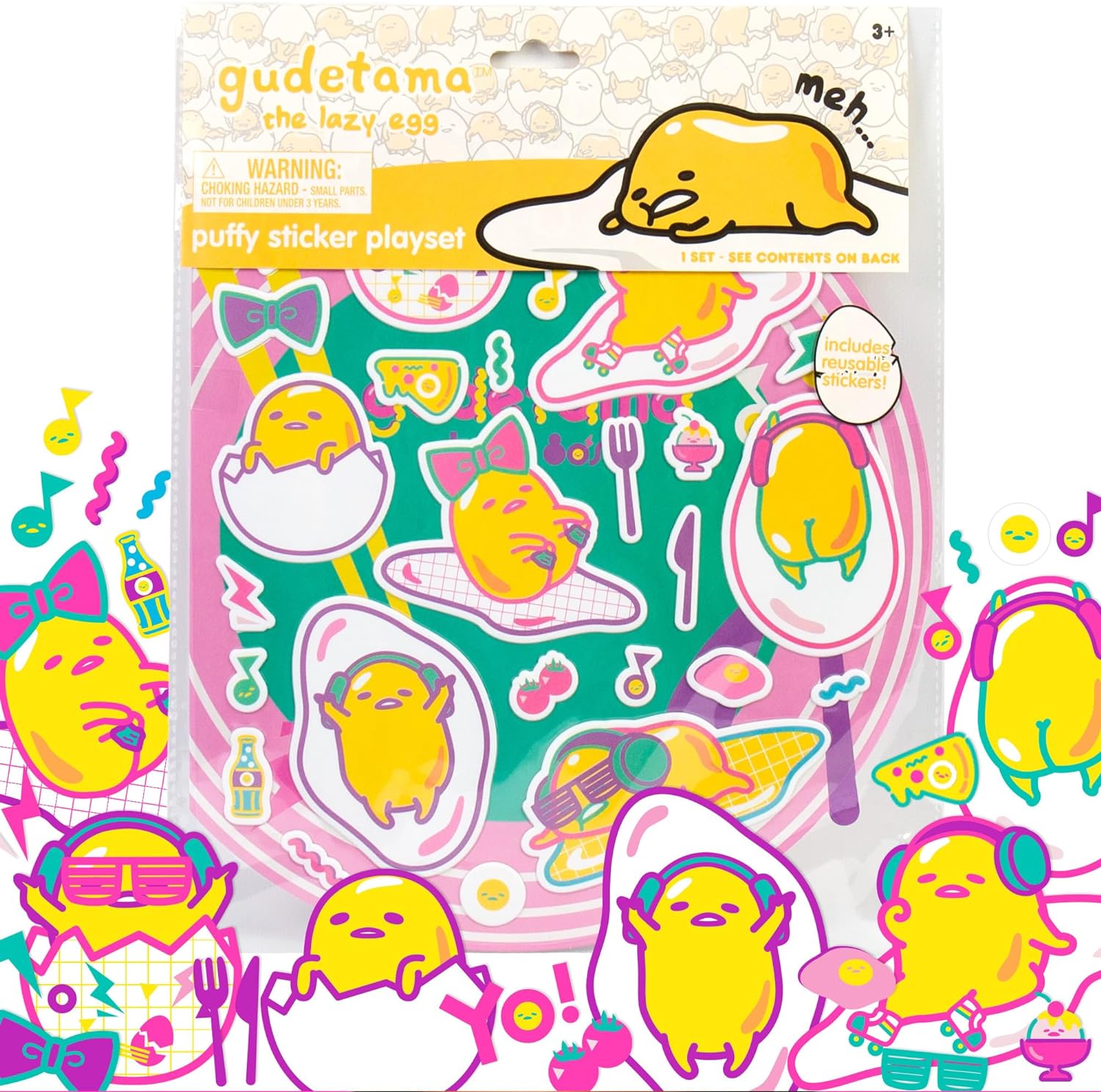 Juego de calcomanías hinchadas de Gudetama el huevo perezoso, incluye más de 25 calcomanías reutilizables de Gudetama y 2 escenas de juego de