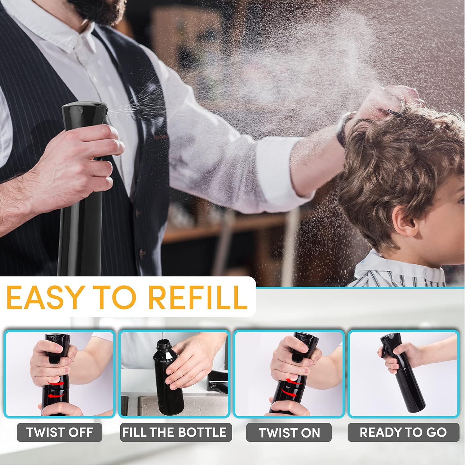 Hula Home Botella de spray vacía Mister (300 ml10.1 oz  Negro) continua ultra fina niebla para peinar el cabello, plantas, limpieza, salones,