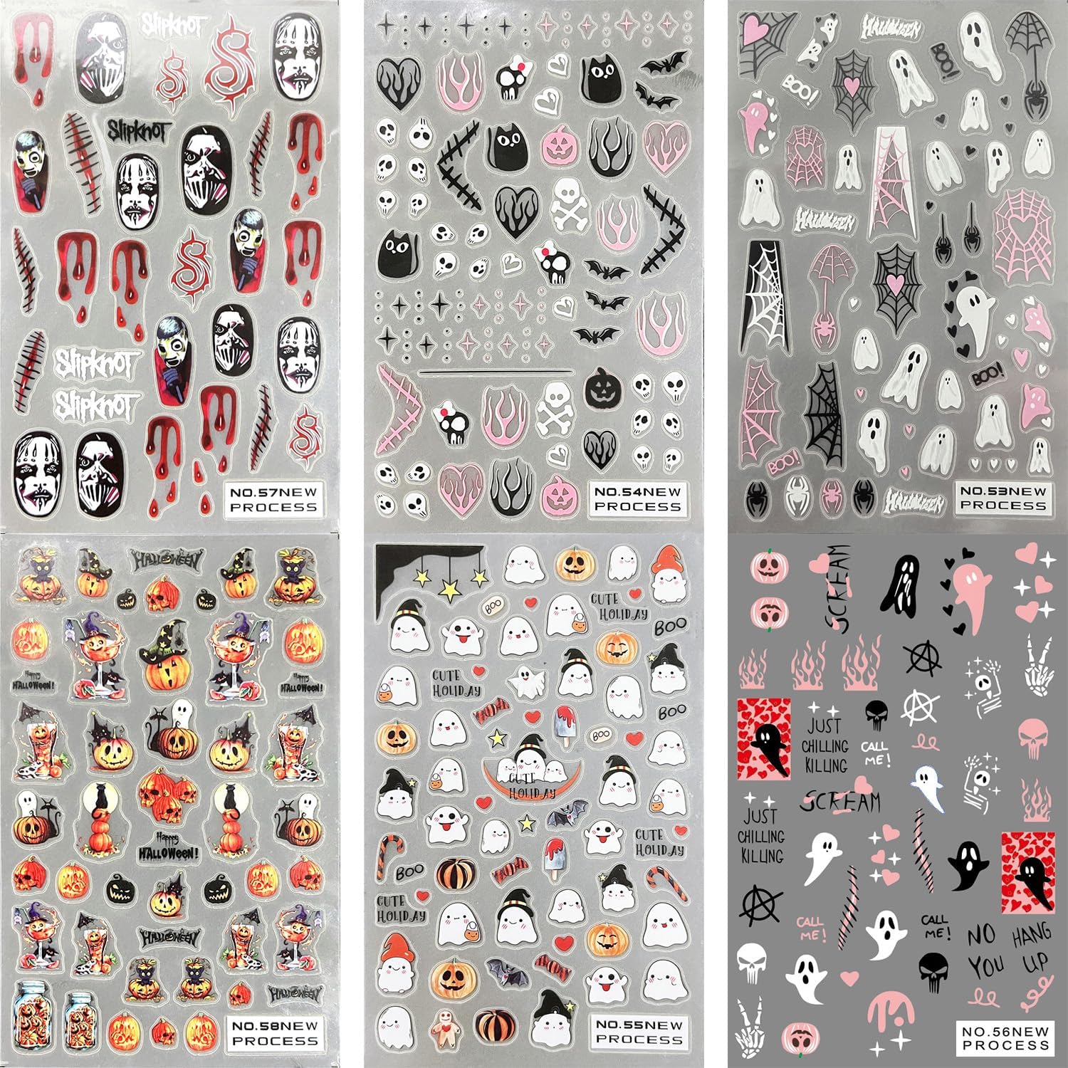 6 hojas de calcomanías de arte de uñas de Halloween, lindos dibujos animados, fantasma, calabaza, calcomanías de uñas autoadhesivas en 3D, máscara