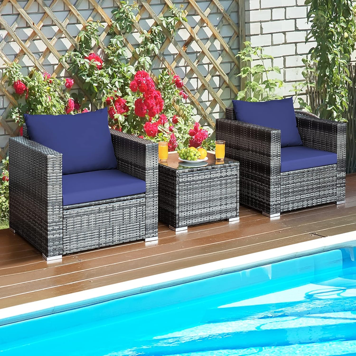 Juego de muebles de patio de 3 piezas para exteriores, juego de conversación de mimbre de ratán con cojín resistente al agua y mesa de vidrio