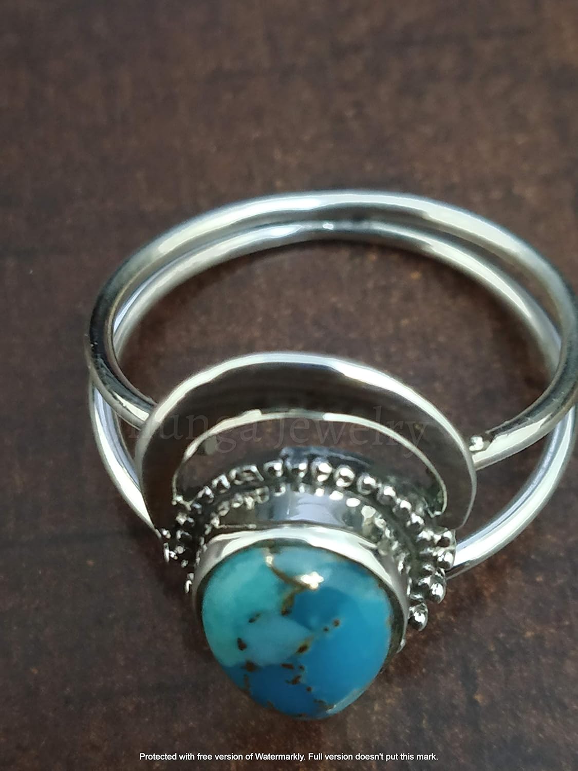 Blue Copper Turquoise ring, 925 sterling silver, Half Moon Shape Ring, Two band Ring, Boho Chic, Promise Wedding Jewelry, Classy Ring, Celestial