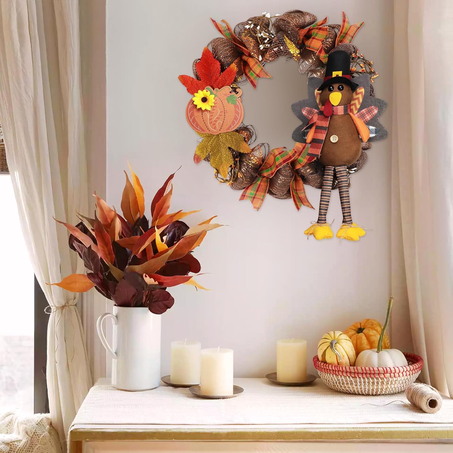 Decoraciones de corona de Acción de Gracias, coronas de Acción de Gracias para puerta delantera, casa de campo con hojas de arce de madera de pavo