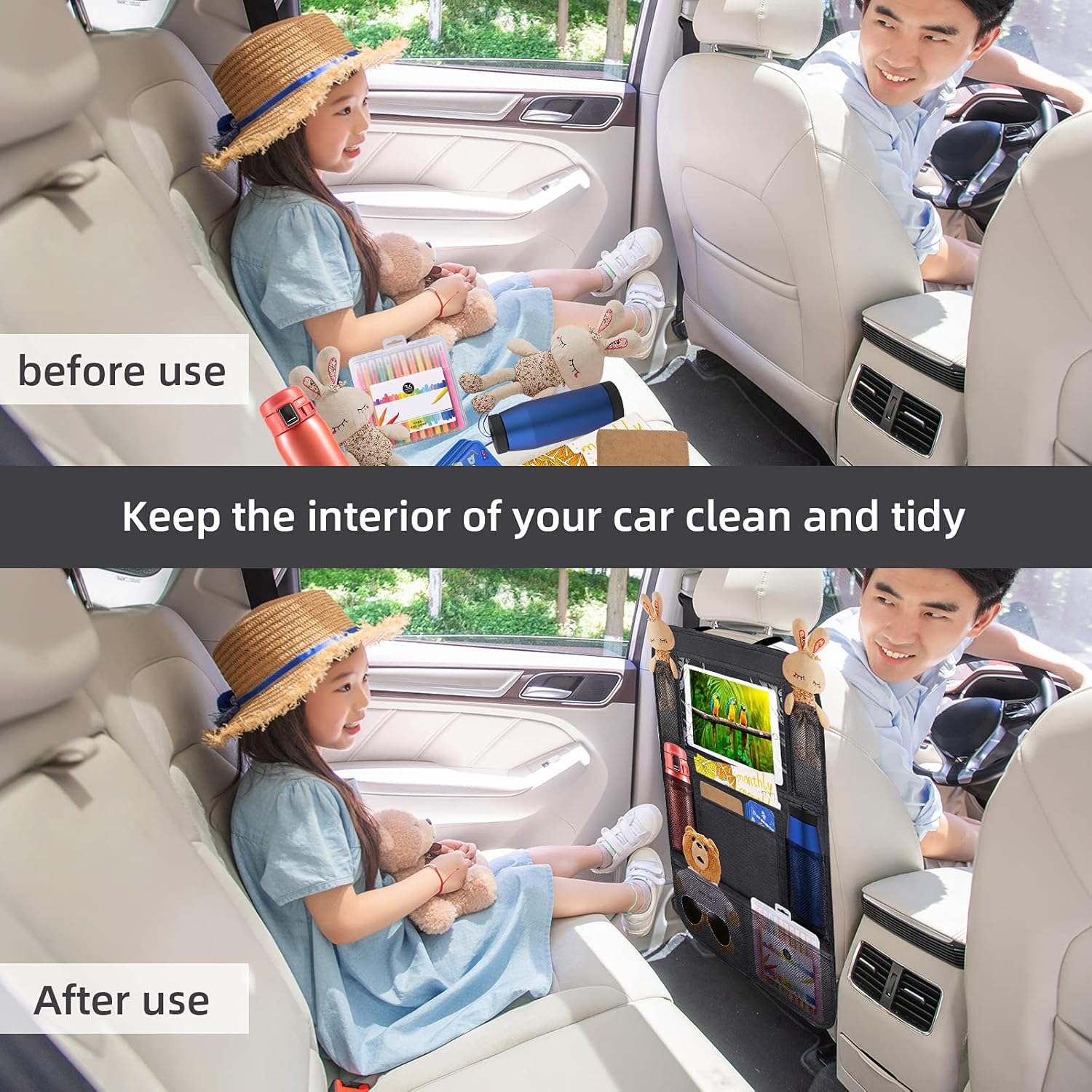 Bolsa de almacenamiento para automóvil, organizador de asiento trasero de tela Oxford, protector de asiento trasero antipatadas, alfombrillas con