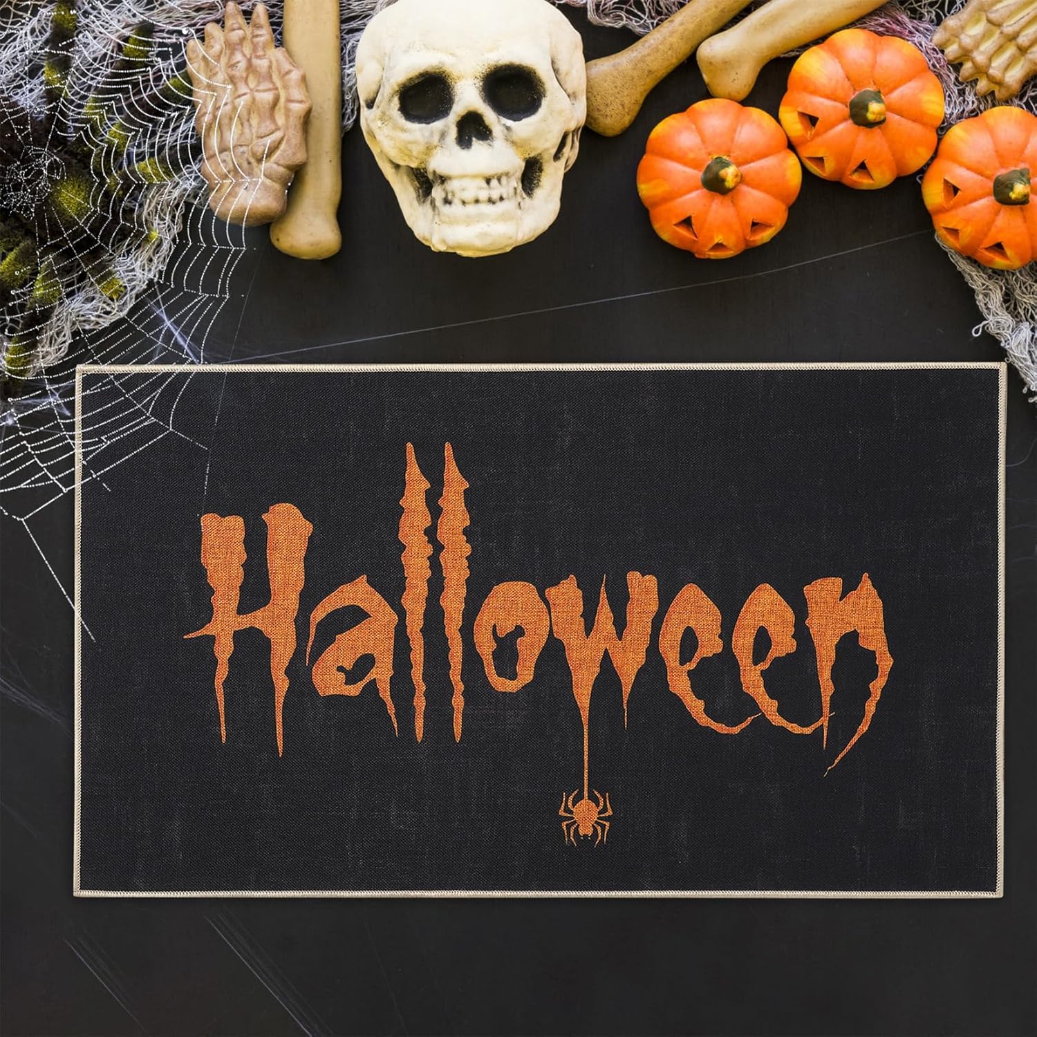 CAROMIO Tapete decorativo de bienvenida con estampado de letras de Halloween, tapete antideslizante para interiores y exteriores, alfombra de
