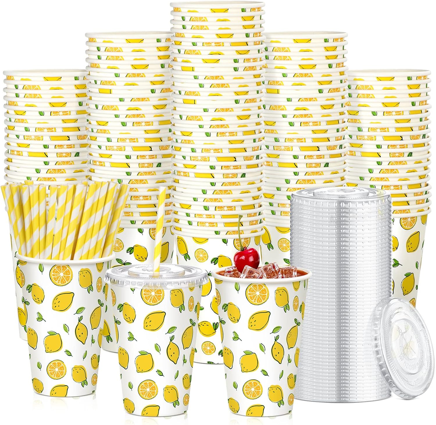 Tessco 150 piezas50 juegos de vasos de limonada con tapas y pajitas de papel, taza de papel desechable de 12 onzas para café helado, tazas de papel