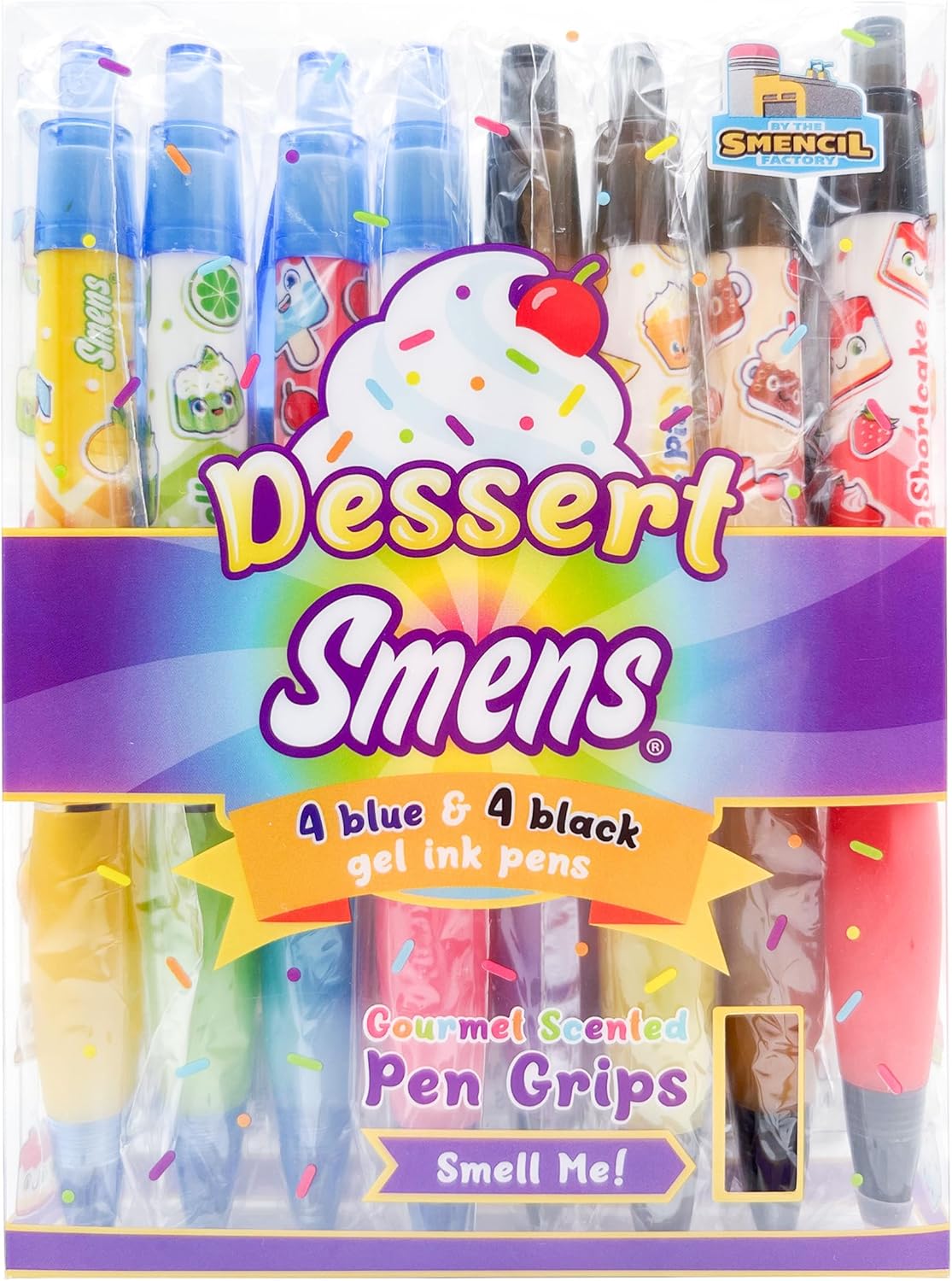 Dessert Gel Smens – Bolígrafos perfumados gourmet, tinta de gel (4 negros + 4 azules), punta media, 8 unidades