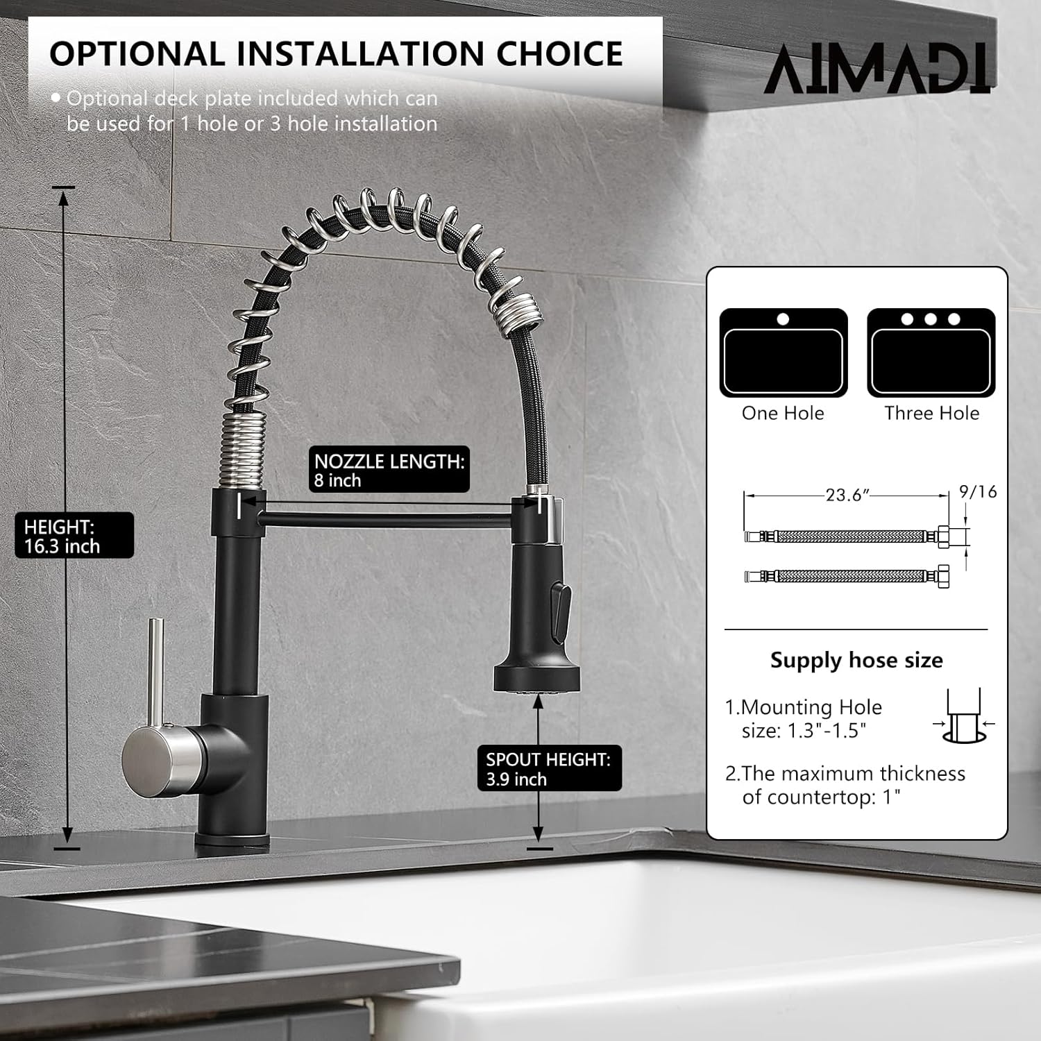 Grifo negro de cocina AIMADI,Grifo de fregadero de cocina con rociador,Grifo de cocina moderno de una sola manija de un solo agujero negro mate