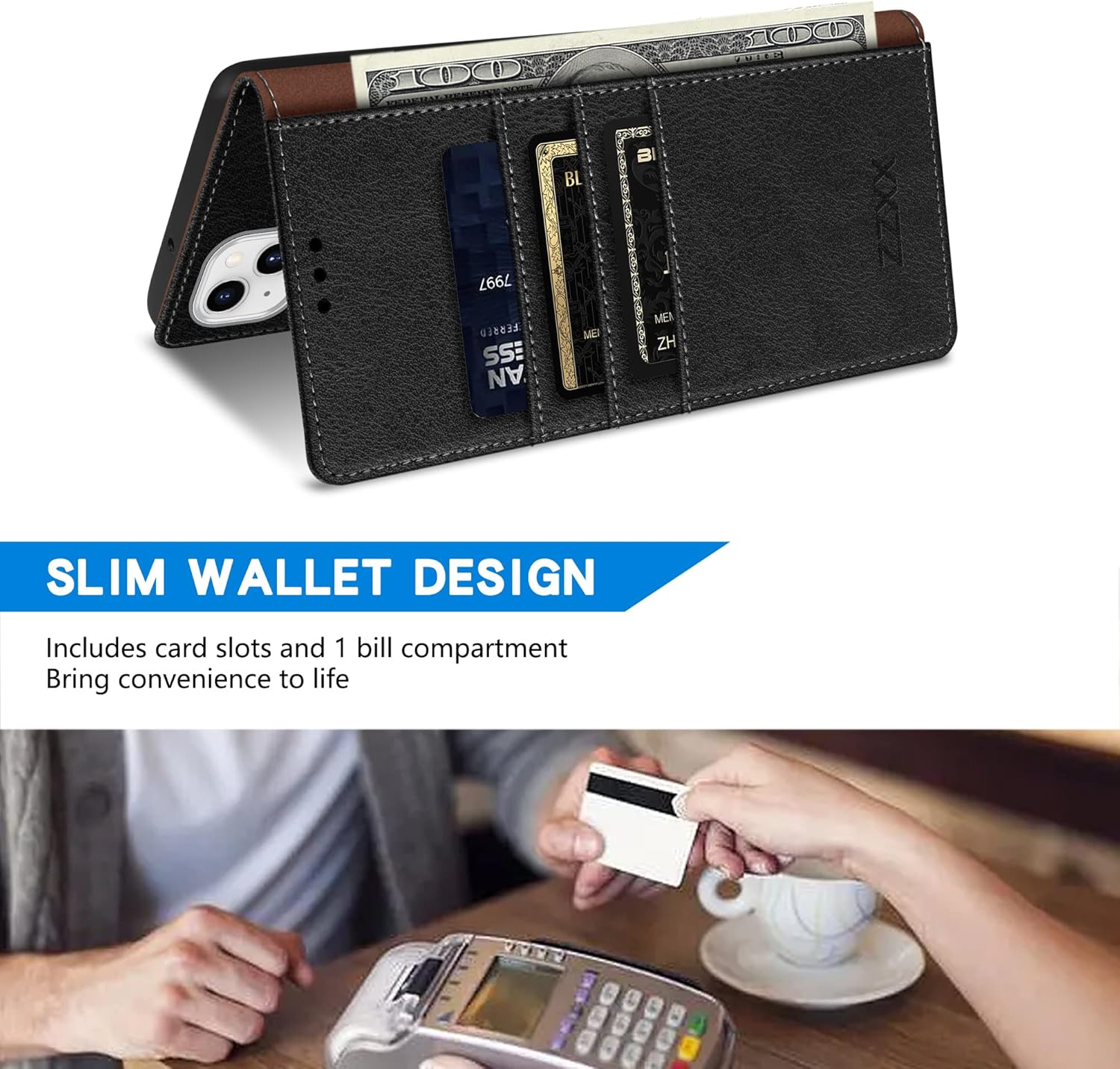 ZZXX Funda tipo cartera para iPhone 14 Plus con bloqueo RFID, ranura para tarjetas, función atril, cierre magnético, funda protectora de cuero