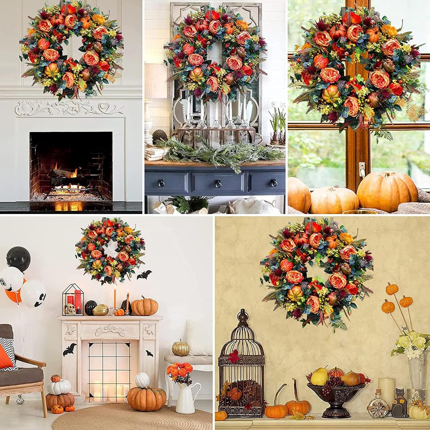 Corona de otoño 2024 de peonía y calabaza durante todo el año, coronas de otoño de granja para puerta delantera, corona de otoño duradera con bayas