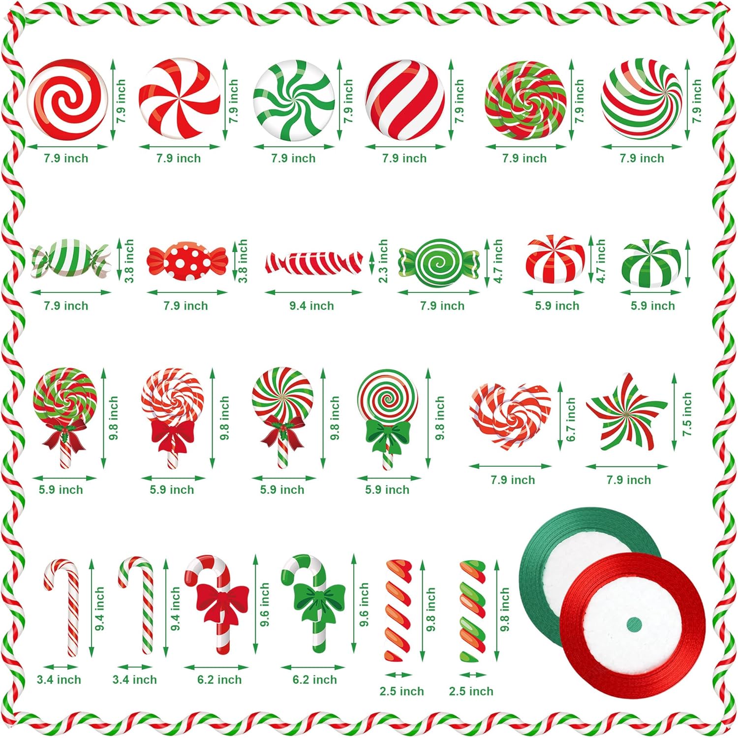 24 piezas de adornos de patio de dulces de Navidad para exteriores, adornos colgantes de caramelo de Navidad, menta, letrero de patio de doble cara,