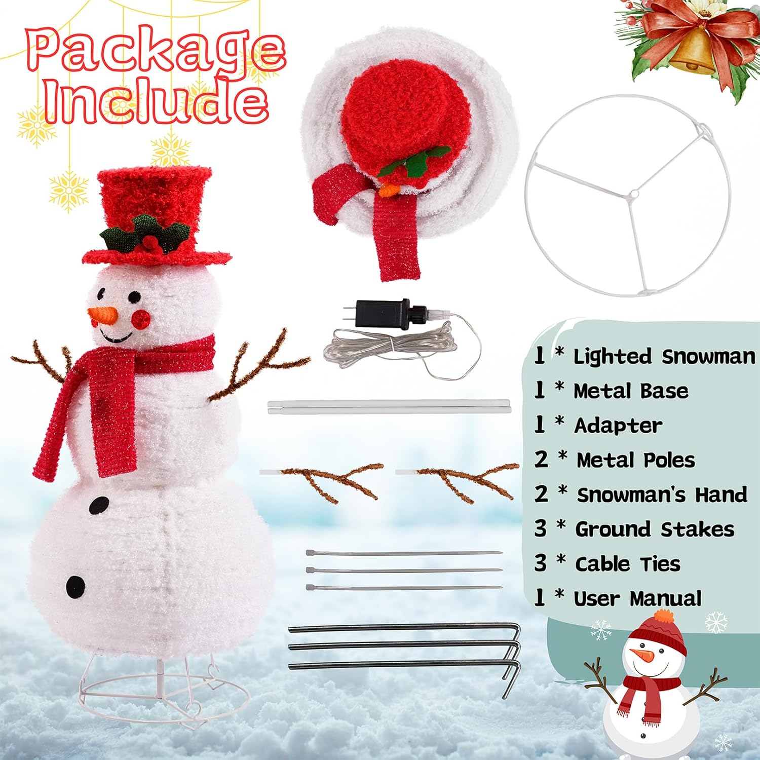 Higen Decoración de muñeco de nieve de Navidad iluminado para patio, muñeco de nieve de 2.3 pies, decoración para interiores y exteriores, plegable,