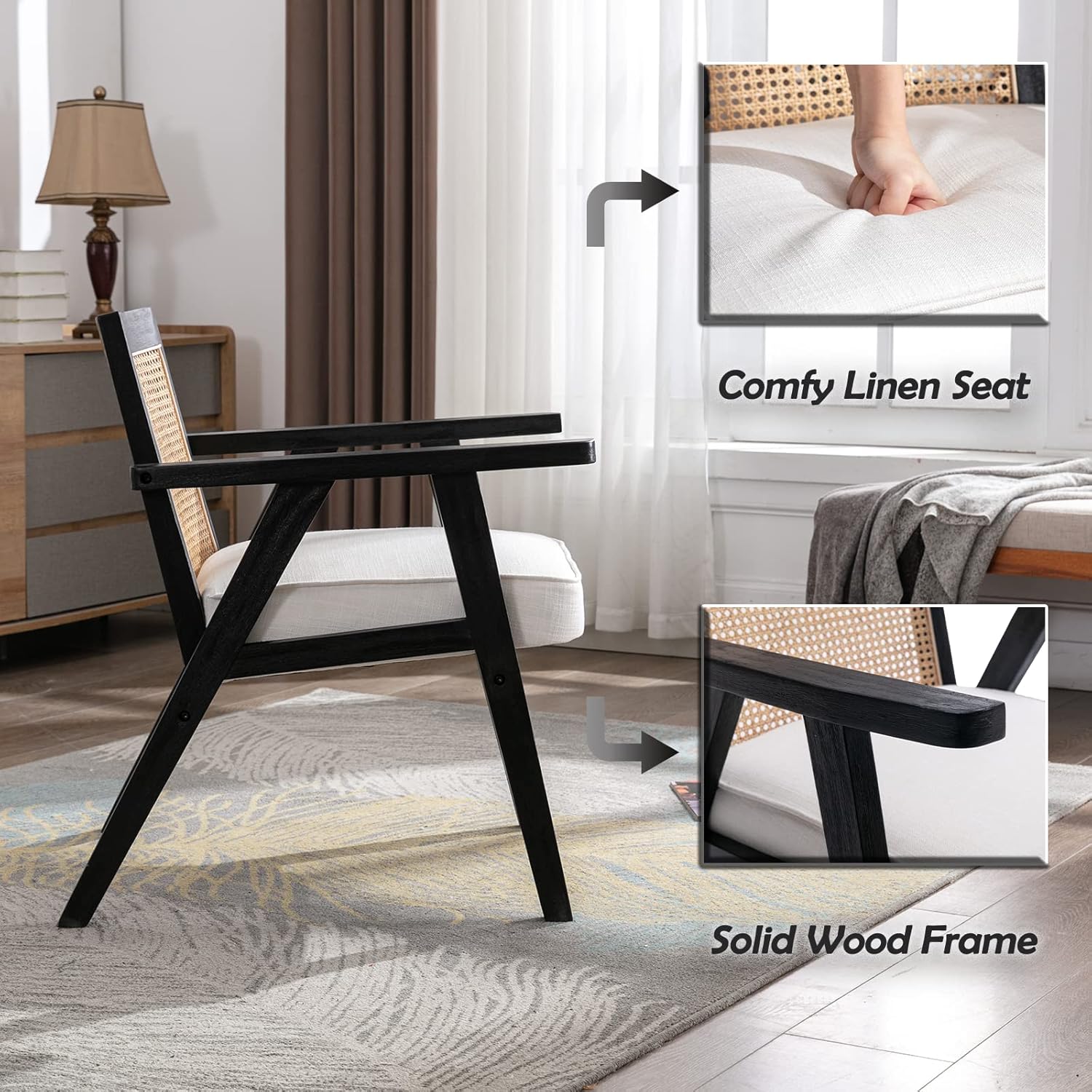 chairus Silla decorativa para sala de estar, sillón tapizado de lino con respaldo de ratán transpirable y madera maciza negra, moderna y compacta