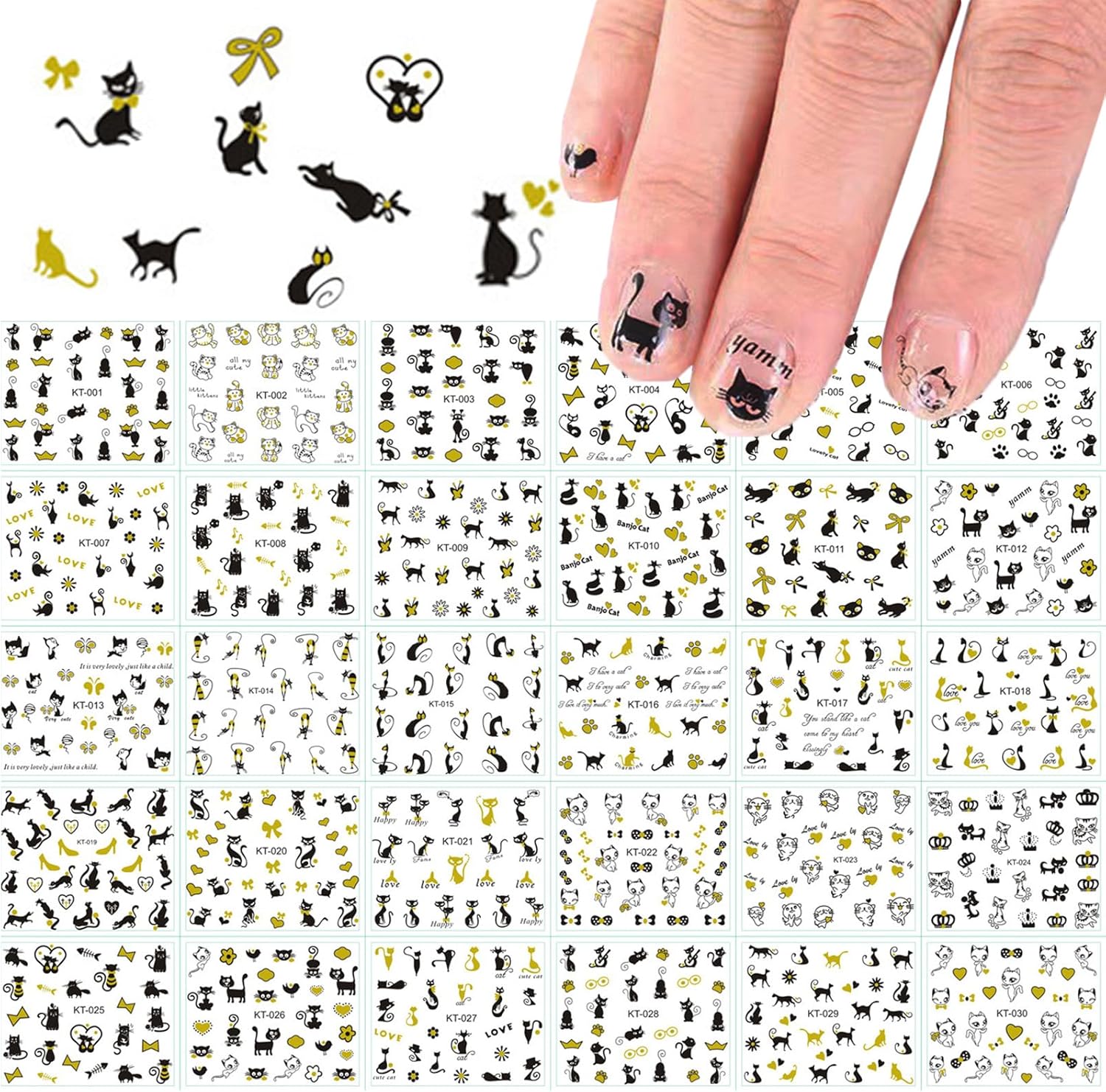 30 hojas de calcomanías de arte de uñas de gato negro, autoadhesivas, 3D, diseños de uñas de Halloween, lindos corazones de dibujos animados,