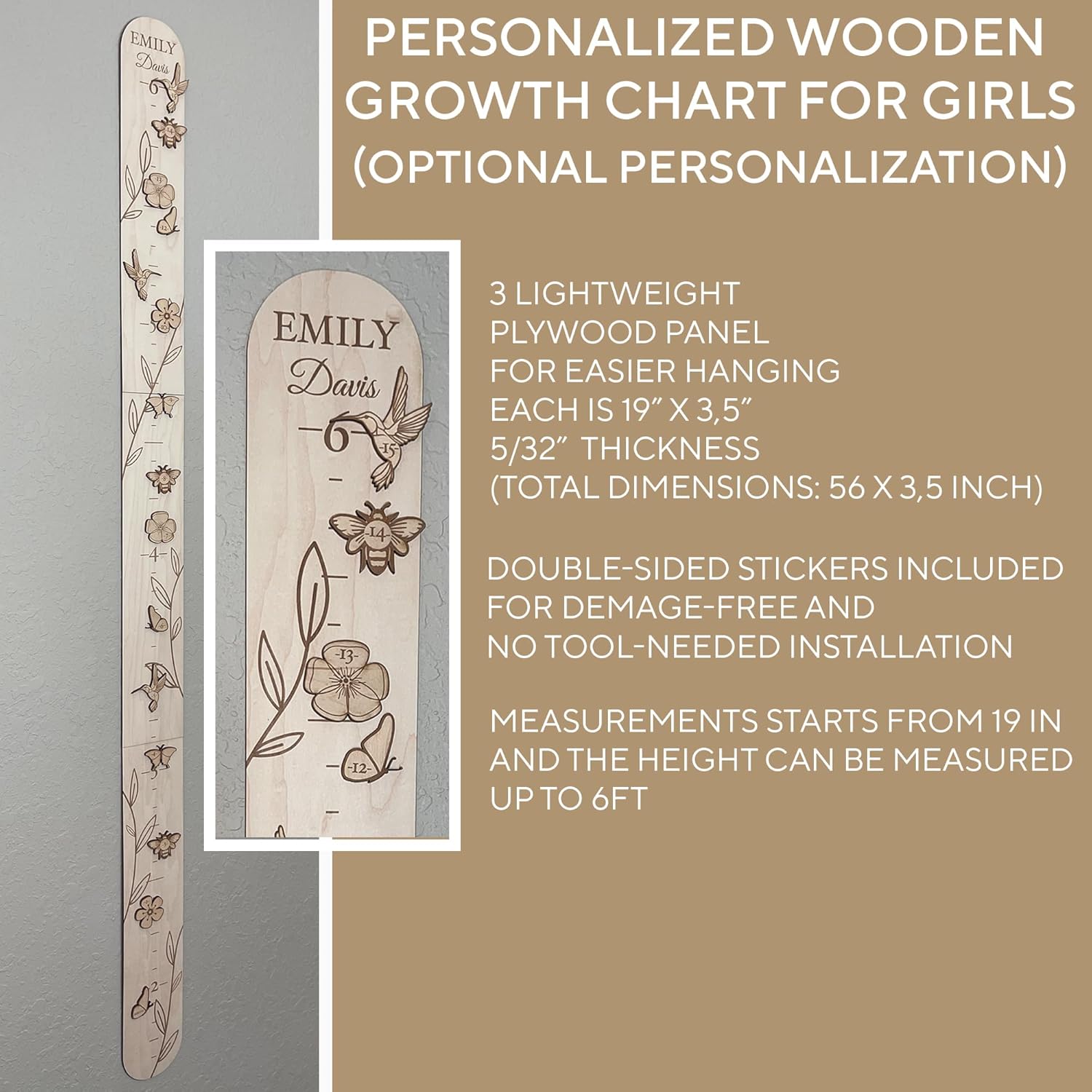 Personalized Wooden Growth Chart for Wall – 6ft Custom Name Kids Measurement Growth Chart for Girls, Child Height Measuring Chart Wooden, Baby
