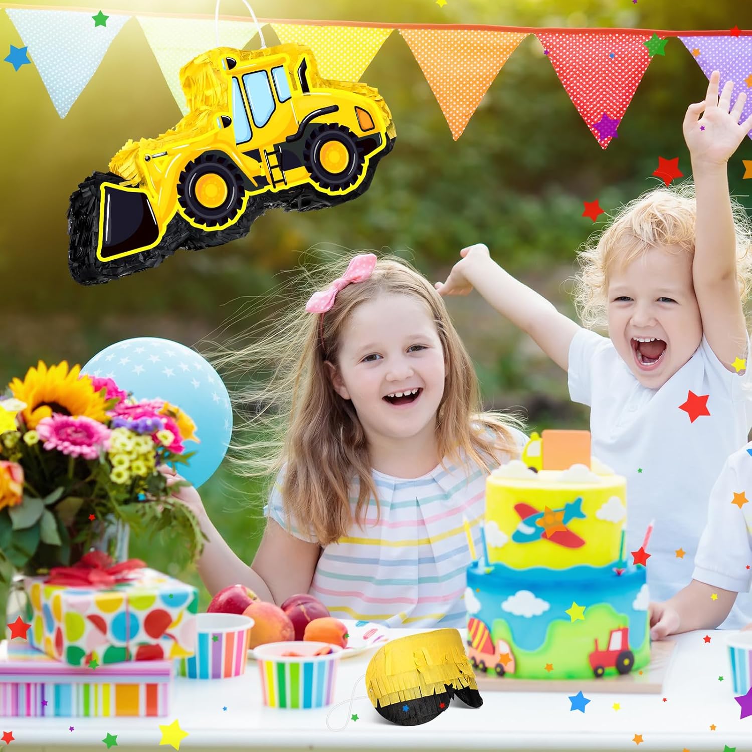 Colarr Paquete de piñata para camión de construcción, piñata, excavadora, con palo, confeti, piñata de construcción, piñata grande de cumpleaños