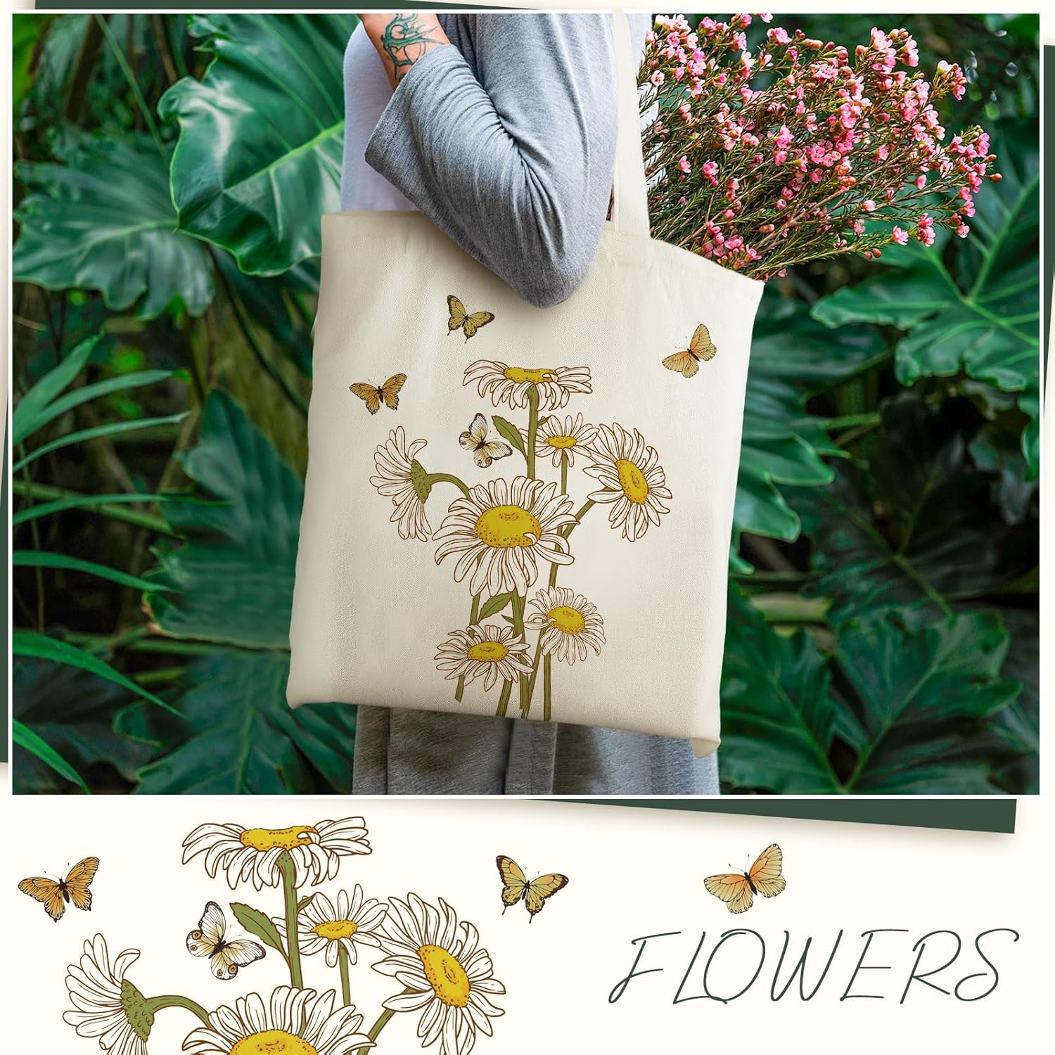 Bolsa de lona estética de 4 piezas, bolsa para amantes de las plantas, bolsa de regalo para amantes de los libros, con bolsillo interior, bolsas