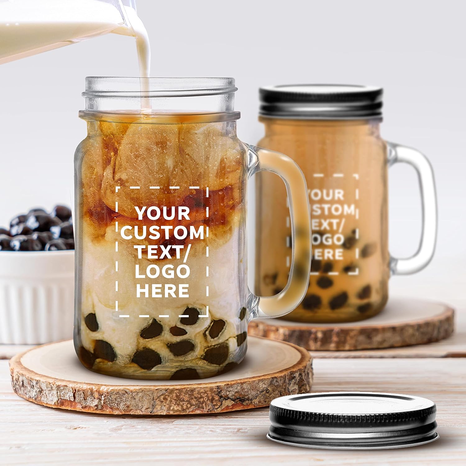 Discount Promos Libbey Handle Mason Jars – Juego de 100 tarros con tapas, 16 onzas, texto personalizado, logotipo, estilo tradicional, bebida,