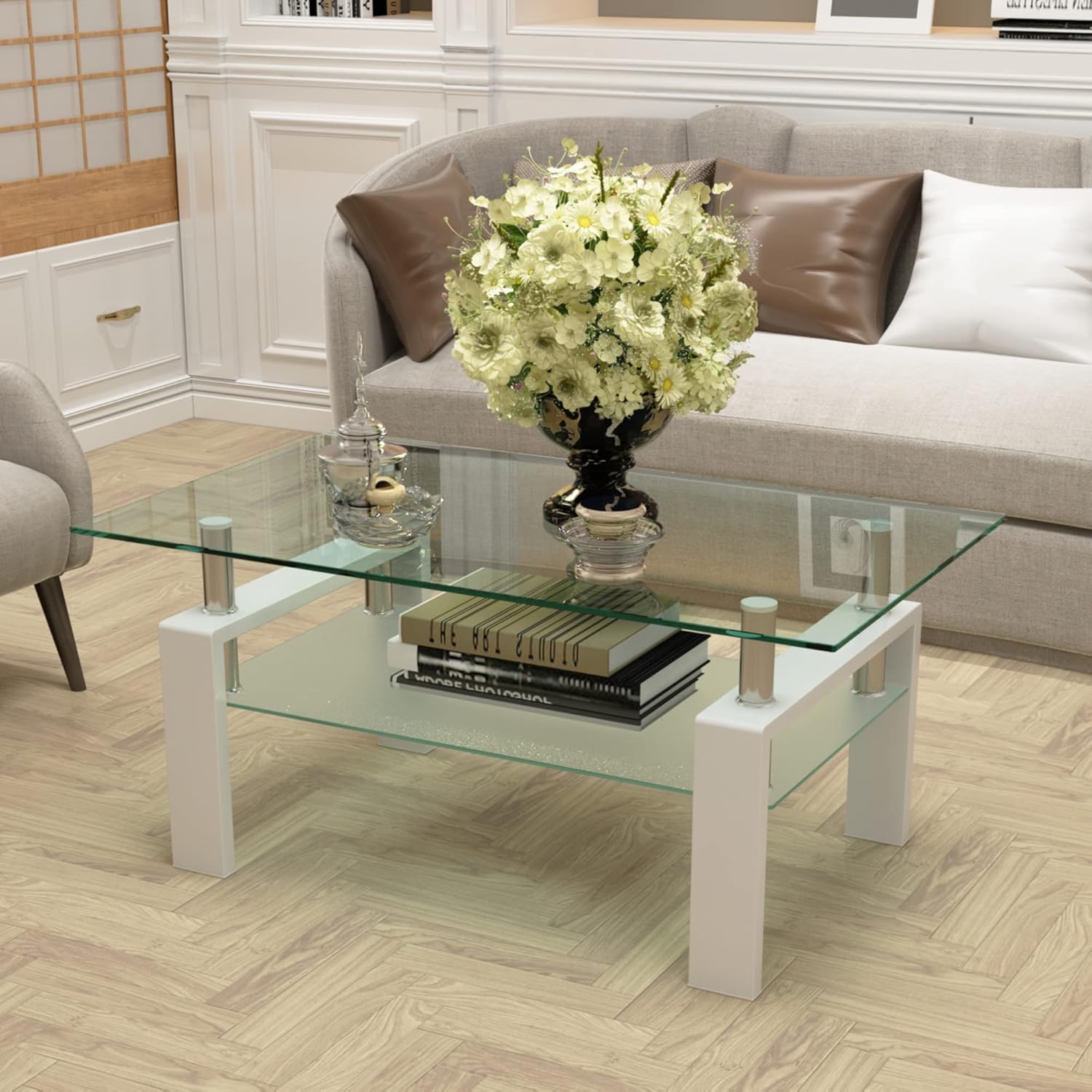 Mesa de centro de cristal moderna con almacenamiento para sala de estar con patas de metal