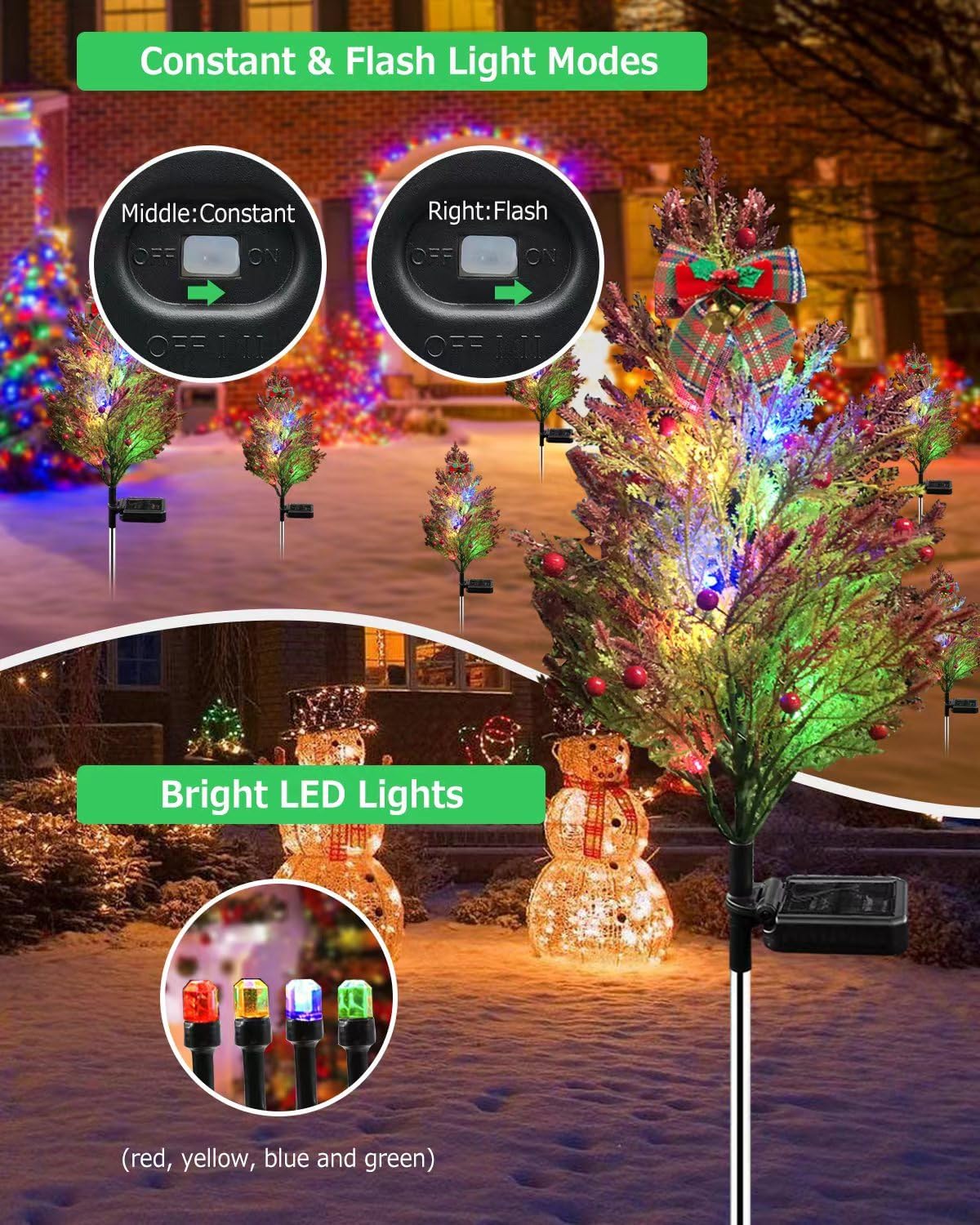 Luces solares para árbol de Navidad para decoración de jardín al aire libre, luces LED solares de camino de 2.4 pies, luces solares parpadeantes