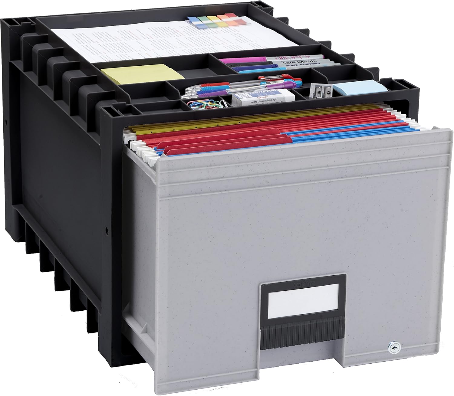 Storex Caja de almacenamiento de plástico con cerradura, tamaño carta, cajón de 18 pulgadas, negro, paquete de 2 (61178A02C)