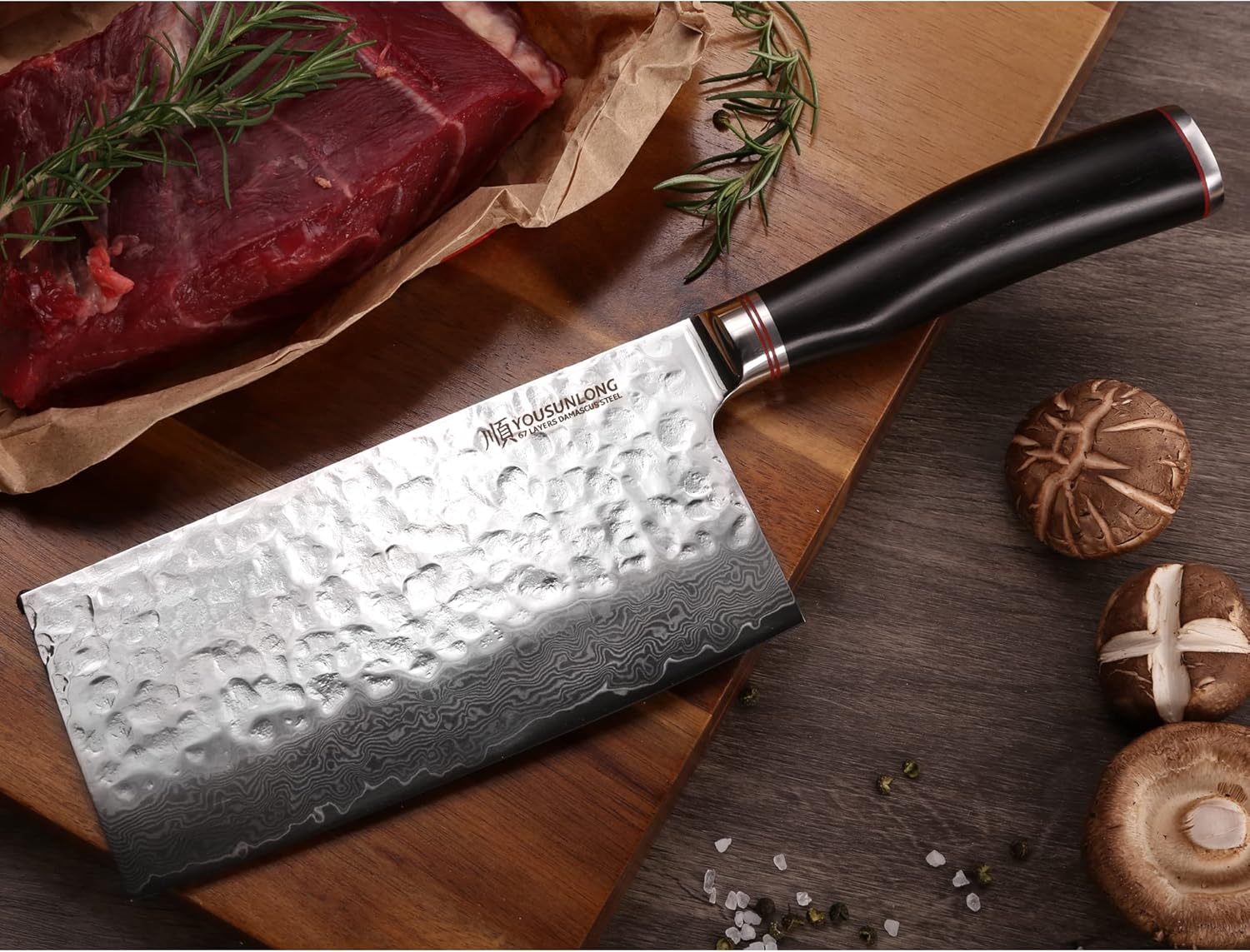 YOUSUNLONG Carne Cleaver – Cuchillo chino para verduras de 7 pulgadas, acero de damasco martillado japonés, mango de madera de plomo natural