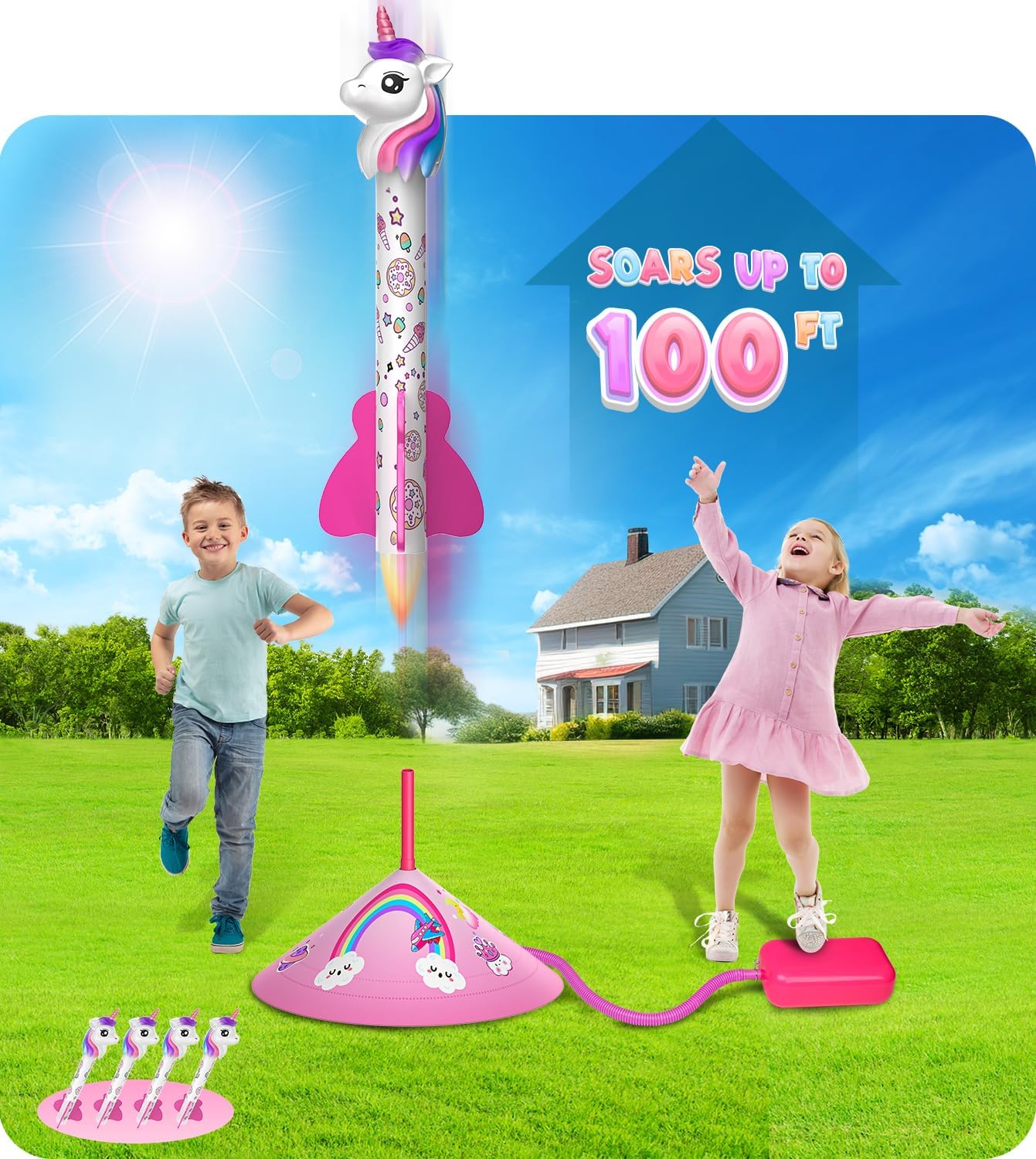 beefunni Lanzacohetes de unicornio para niñas, 4 juguetes de unicornio para exteriores, regalos de cumpleaños de Navidad para niñas de 2 a 4 a 6