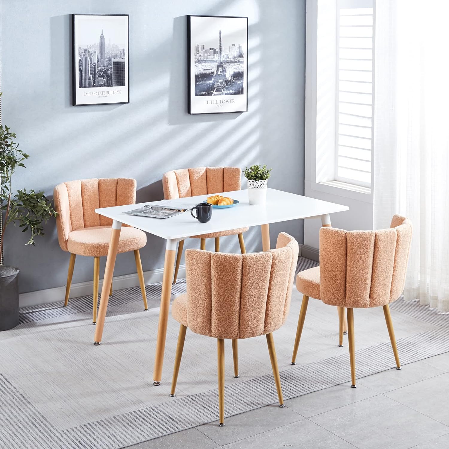 ATSNOW Juego de 2 sillas decorativas de sherpa rosa melocotón, modernas sillas laterales tapizadas de mediados de siglo para comedor, sala de estar,