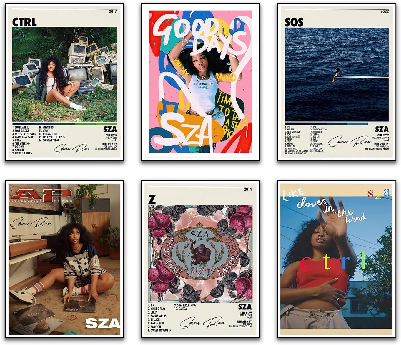 Sza – Póster de música en lienzo para pared, portada de álbum, firmado, limitado, juego de 6 pósteres estéticos retro para decoración de dormitorio,