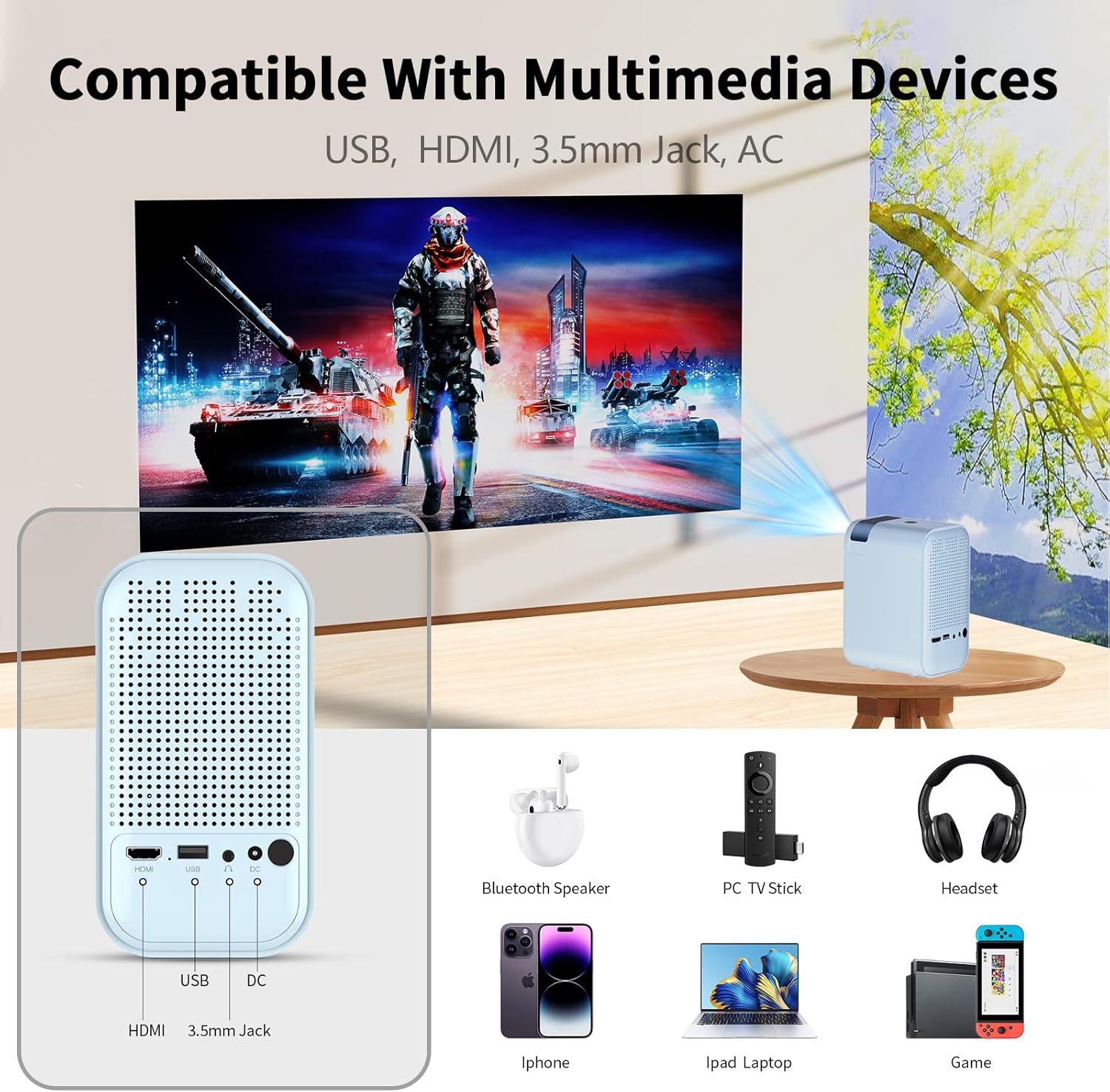 Mini proyector con WiFi 5G y Bluetooth, proyector compatible con 1080P con soporte para proyector, proyector de películas compatible con iOSteléfono