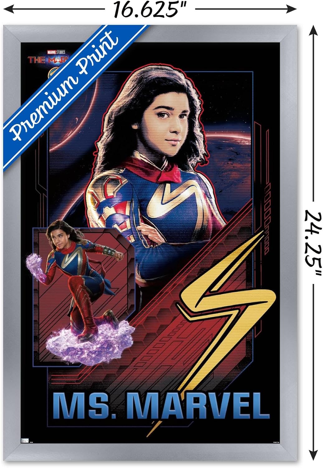 Trends International Marvel The Marvels – Póster de pared de Ms. Marvel, 14.72 x 22.37 pulgadas, versión enmarcada plateada