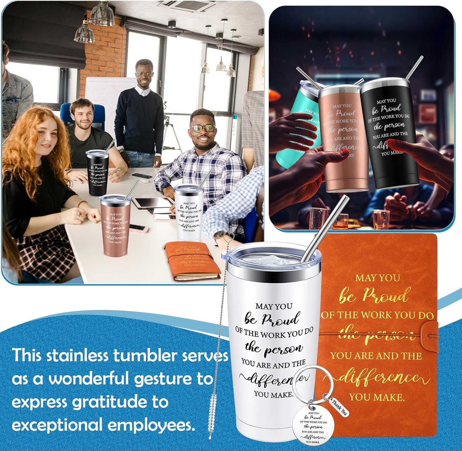 El juego de 4 regalos de agradecimiento para empleados incluye vaso de viaje aislado de acero inoxidable de 20 onzas, diario de cuero y llavero May