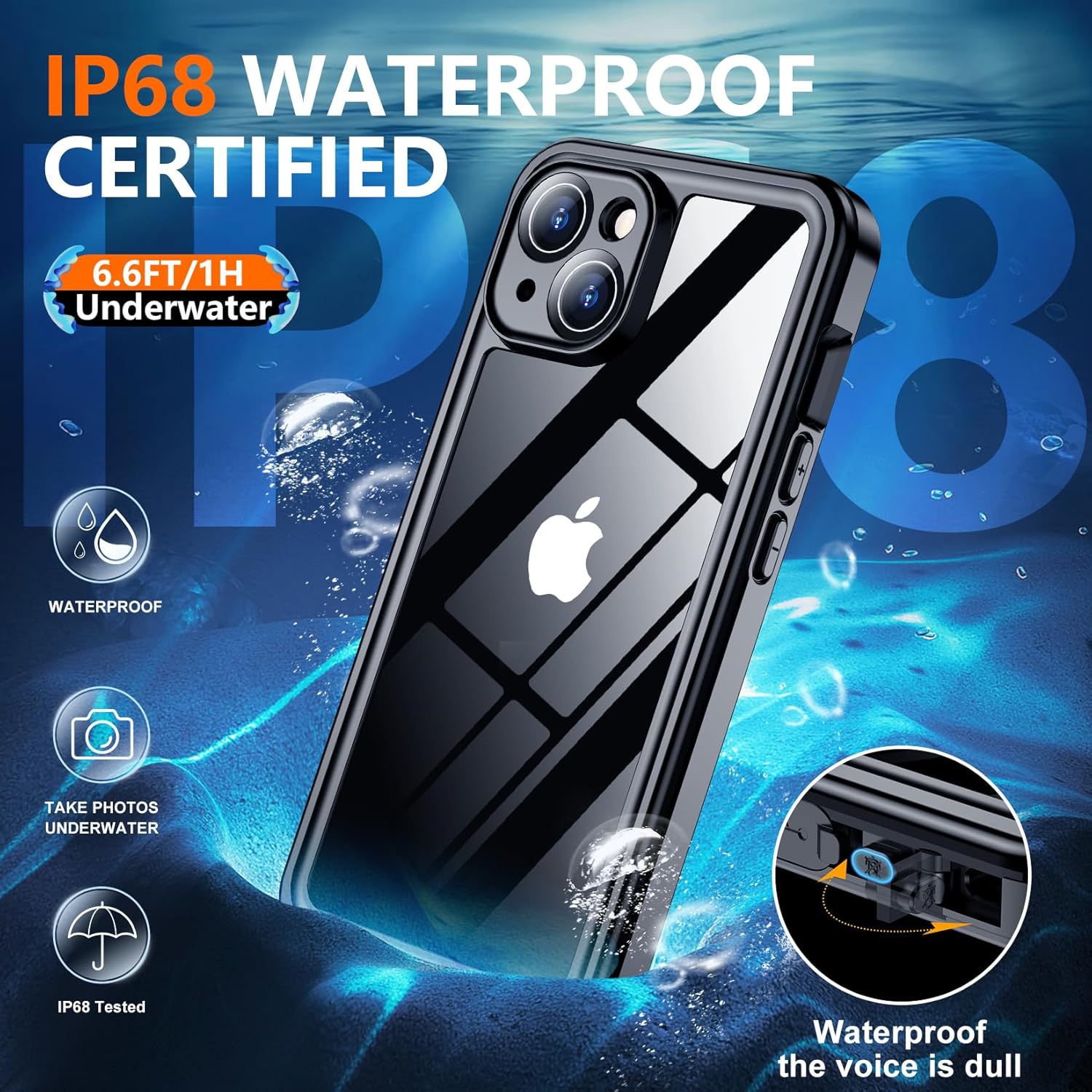 Funda impermeable diseñada para 15 Plus, protección de lente de cámara de vidrio templado 9H integrada IP68 bajo el agua 14 pies militares a prueba