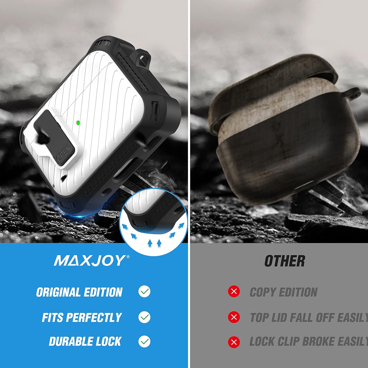 Maxjoy Funda para AirPods Pro de 2 generación, funda protectora para AirPods Pro 2Pro con cubierta de bloqueo seguro automático con llavero