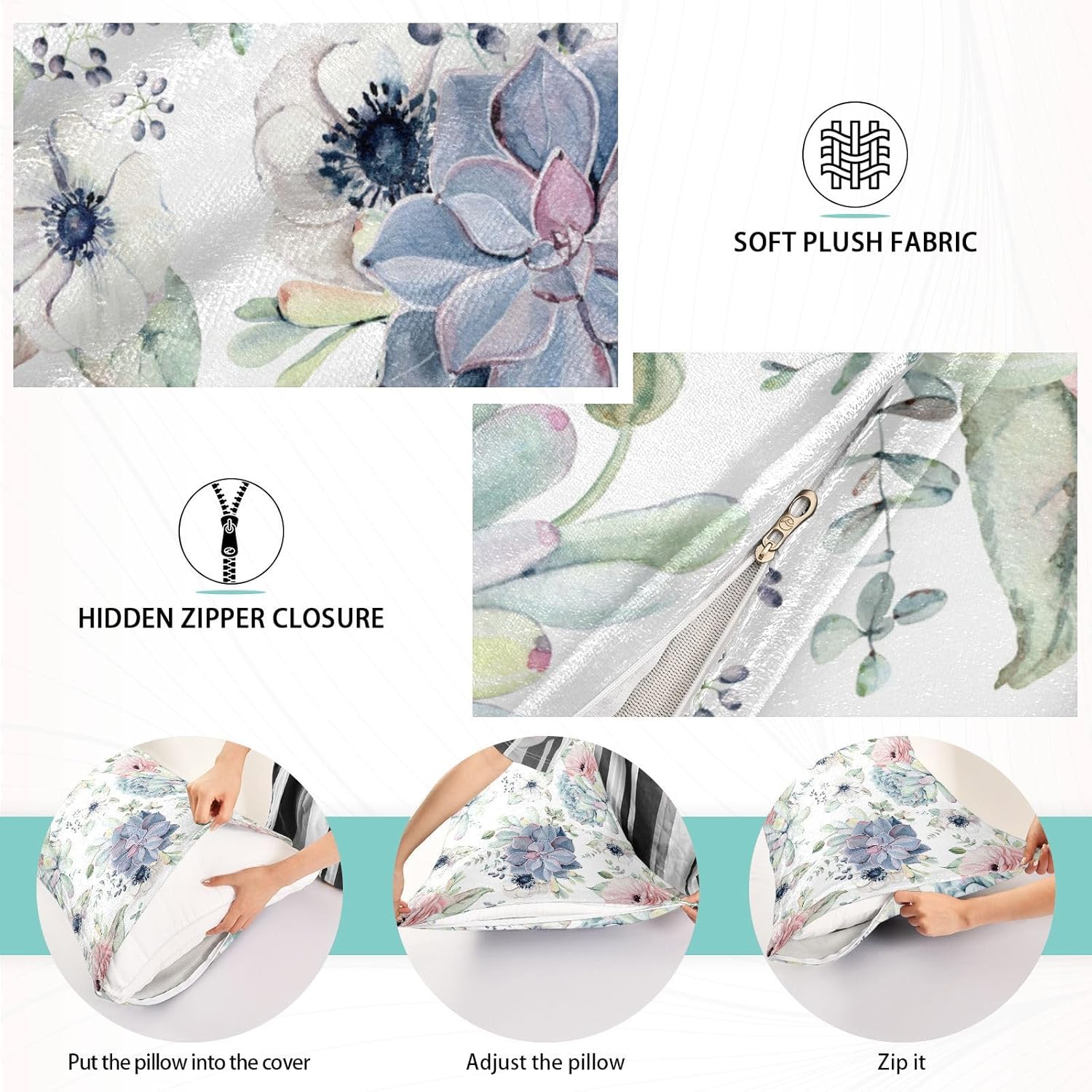 Funda de almohada corporal de rosas suculentas, súper suave, funda de almohada de terciopelo con cremallera para dormitorio, sofá, hogar, sofá,